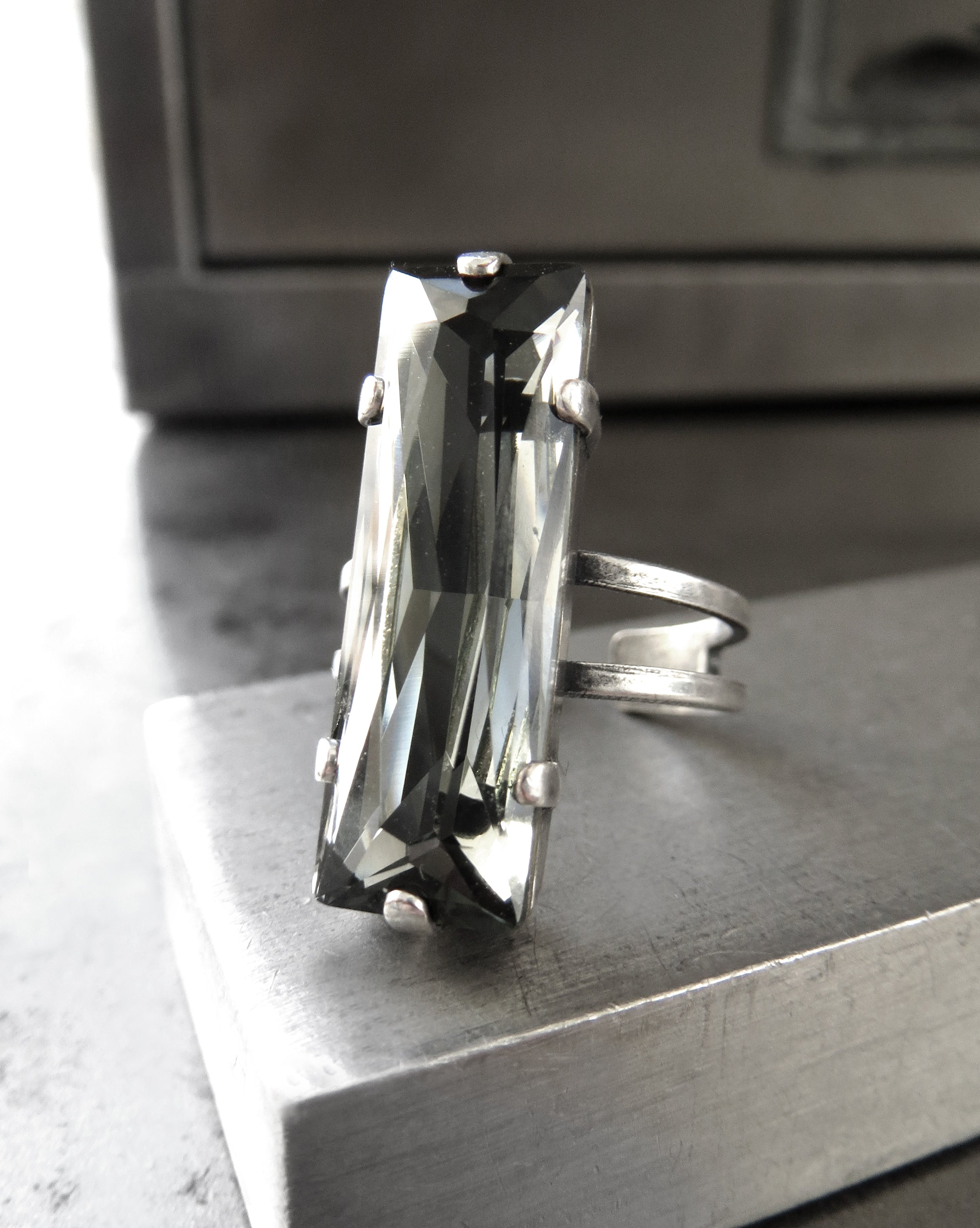 Modern Architectural Crystal Ring - Black Diamond
