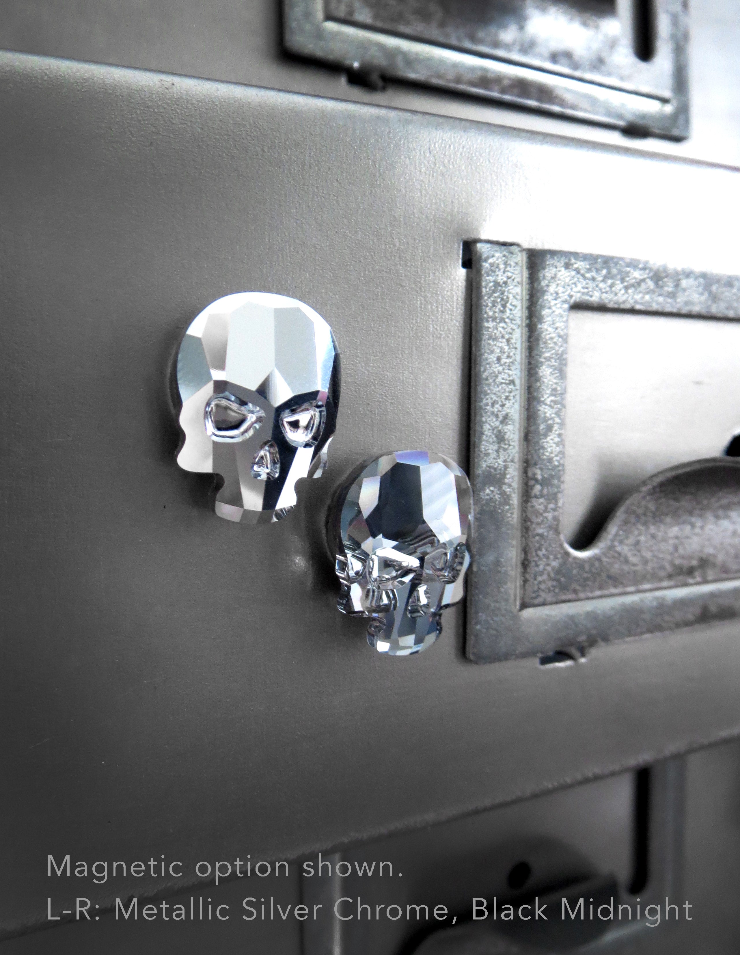 Small Crystal Silver Skull Pin or Magnet - Metallic Chrome