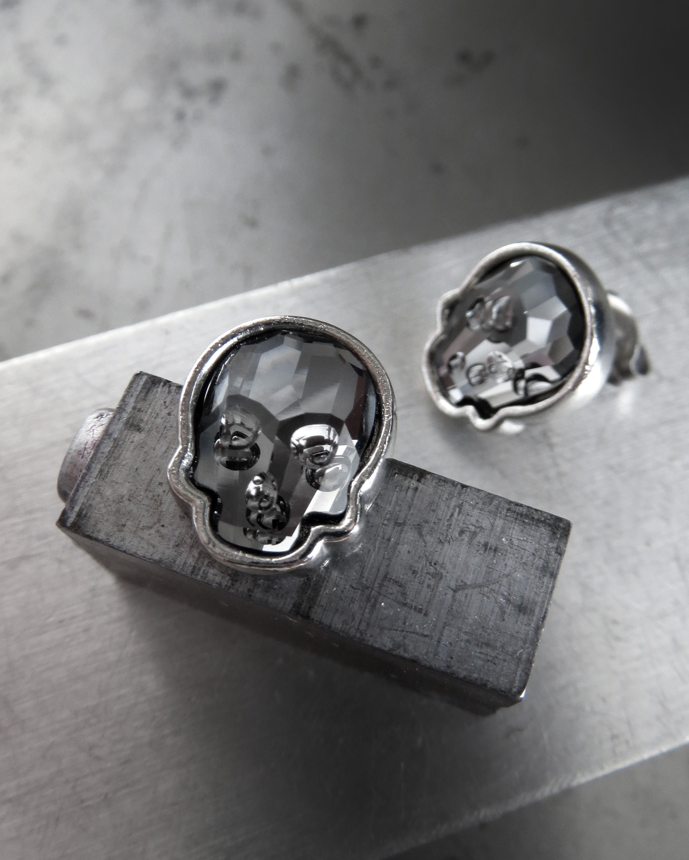 Crystal Skull Stud Earrings - Midnight Black with Silver