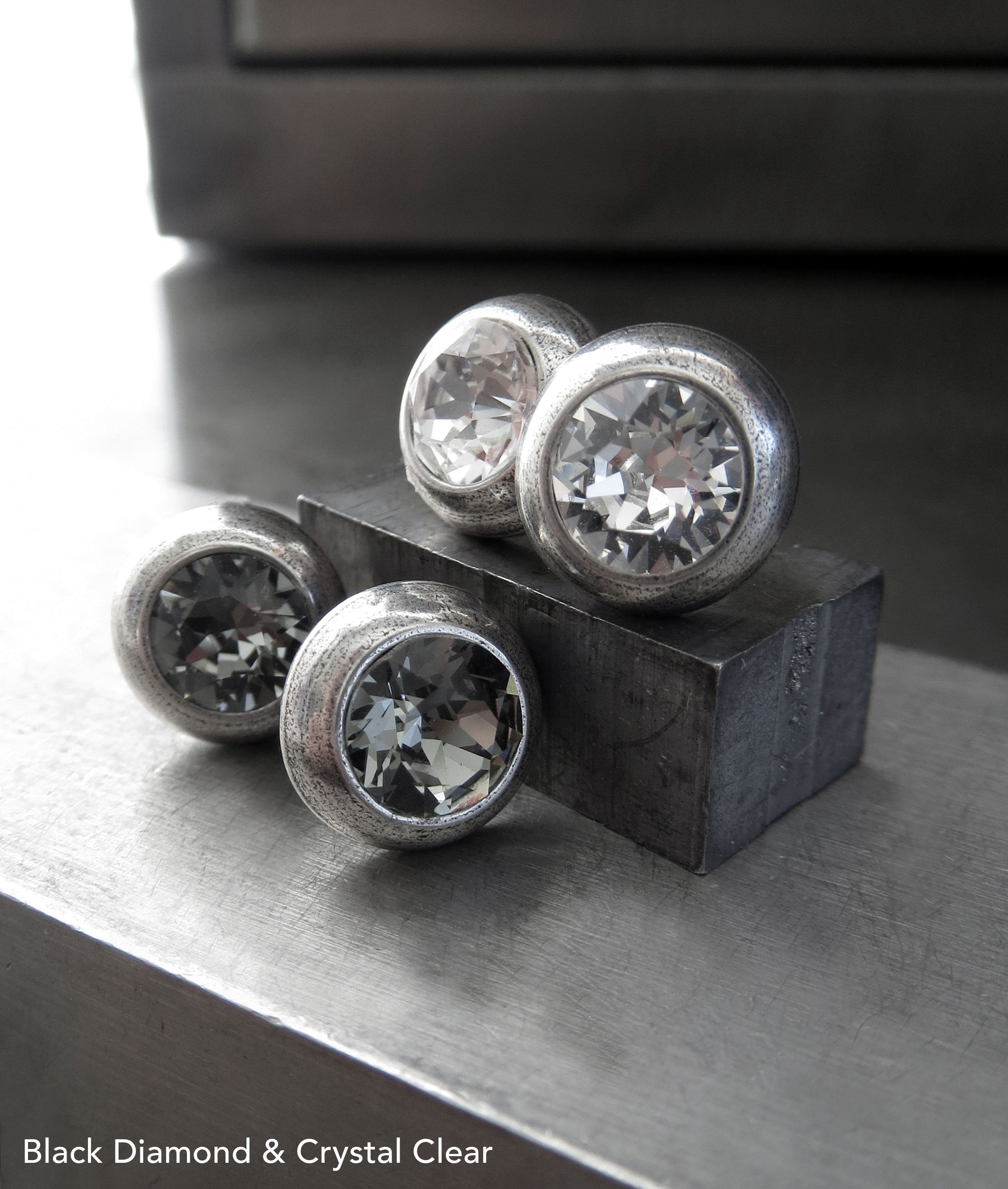 Ultra Modern Black Diamond Crystal Stud Earrings - Antiqued Silver
