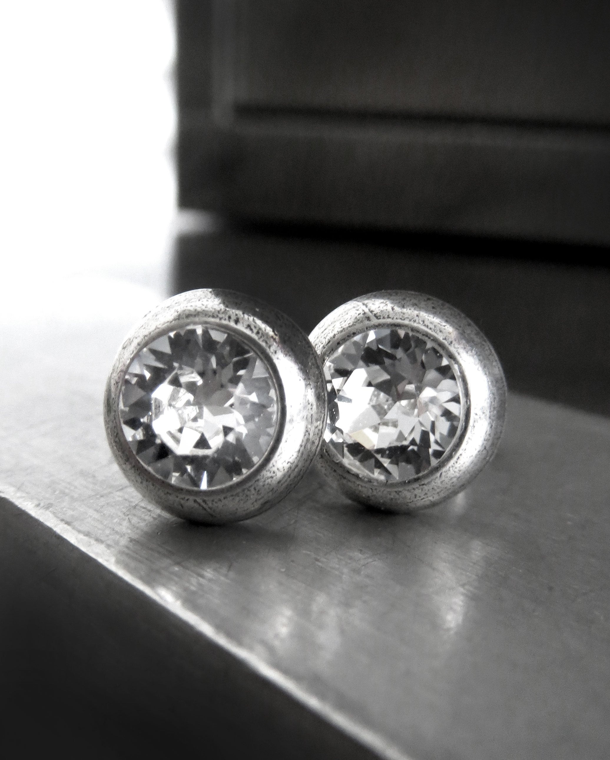 Ultra Modern Clear Crystal Stud Earrings - Antiqued Silver