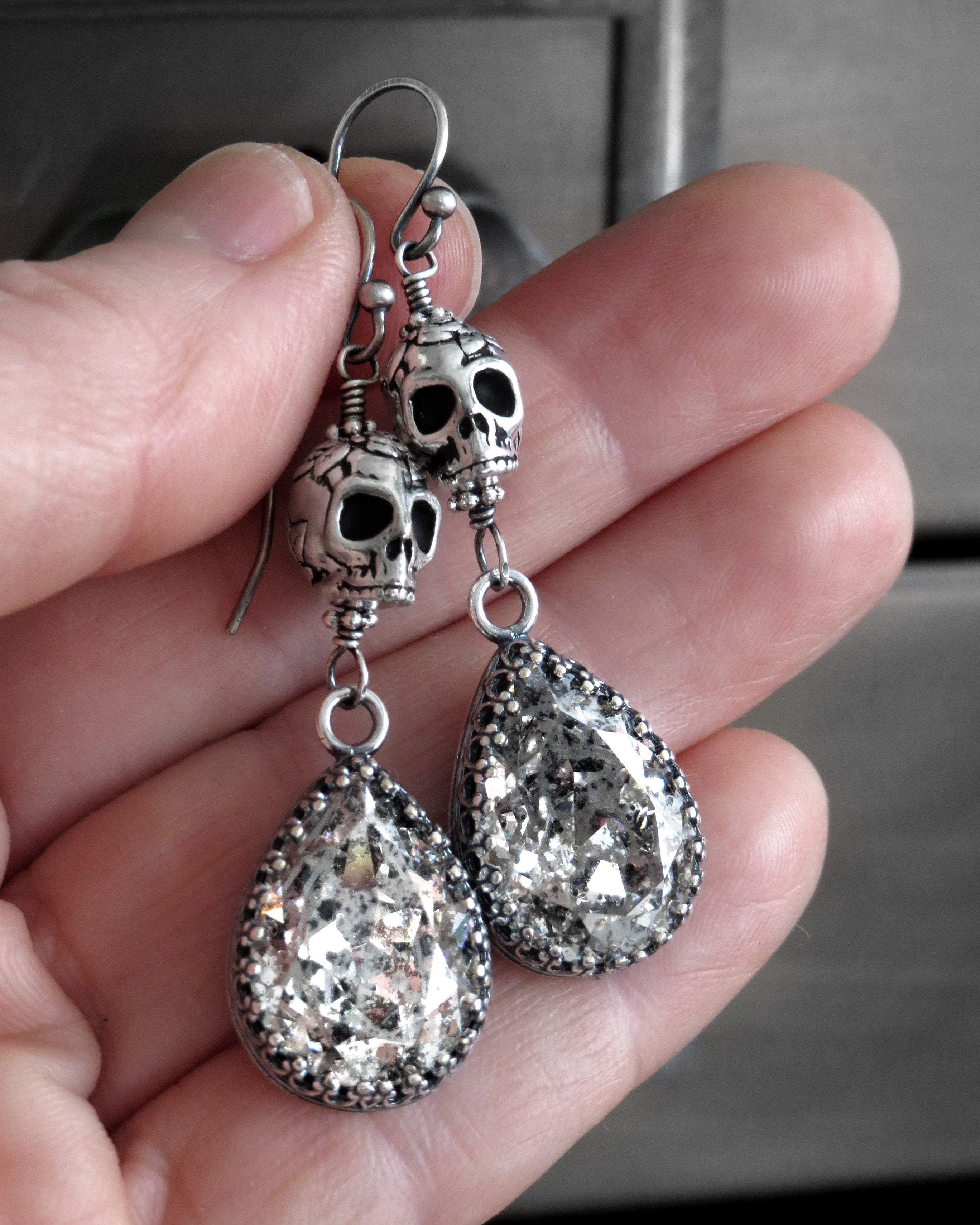 Gothic Skull Embellished Silver Handcrafted Buckle & Earring Srk. Crystals. Sterling Silver Sugar Skull Dangle Earrings main image 3