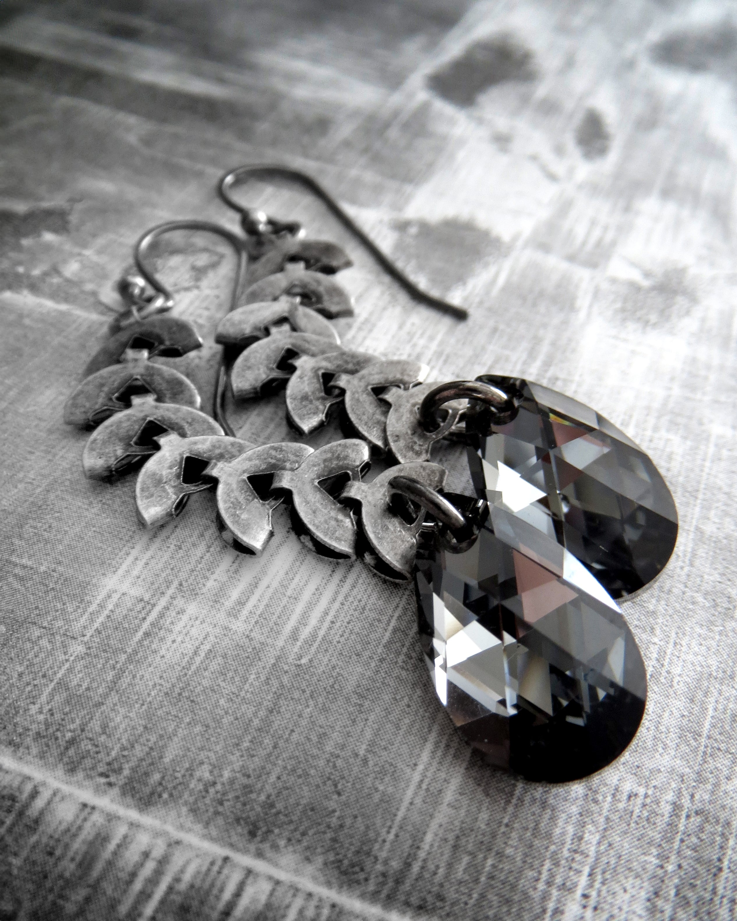 LUNA - Black Crystal Teardrop Earrings with Antiqued Silver Crescent Chain