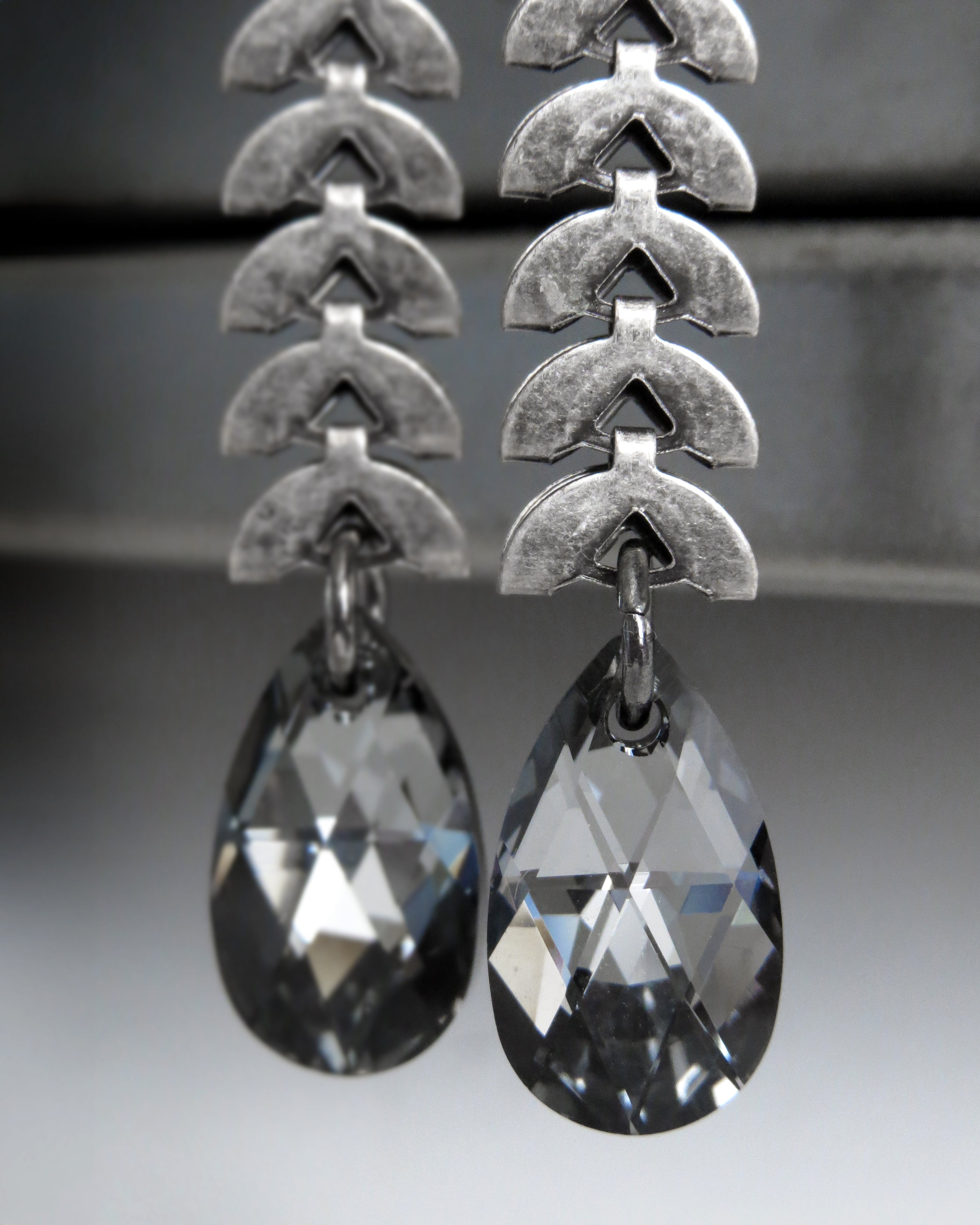 LUNA - Black Crystal Teardrop Earrings with Antiqued Silver Crescent Chain