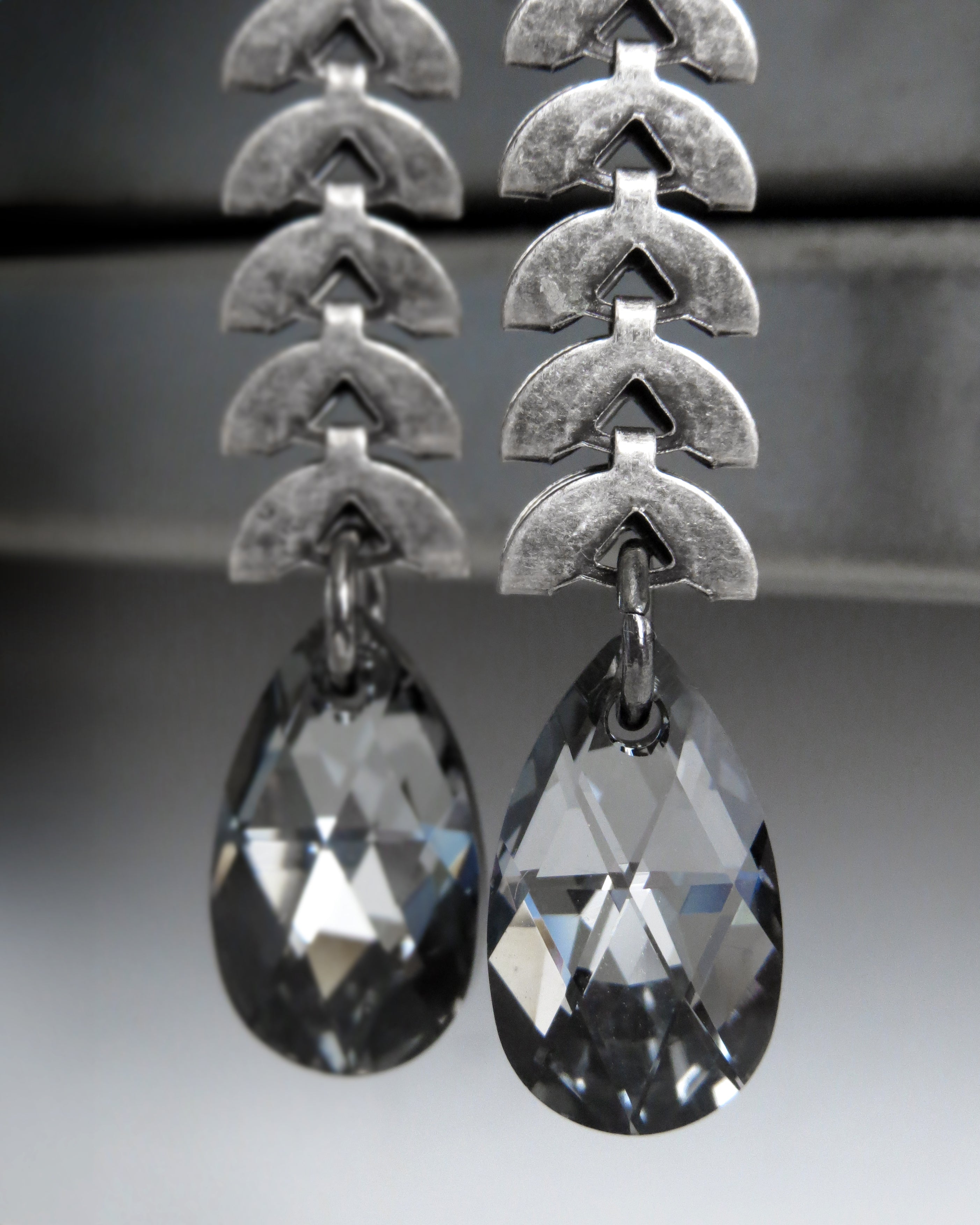 LUNA - Black Crystal Teardrop Earrings with Antiqued Silver Crescent Chain