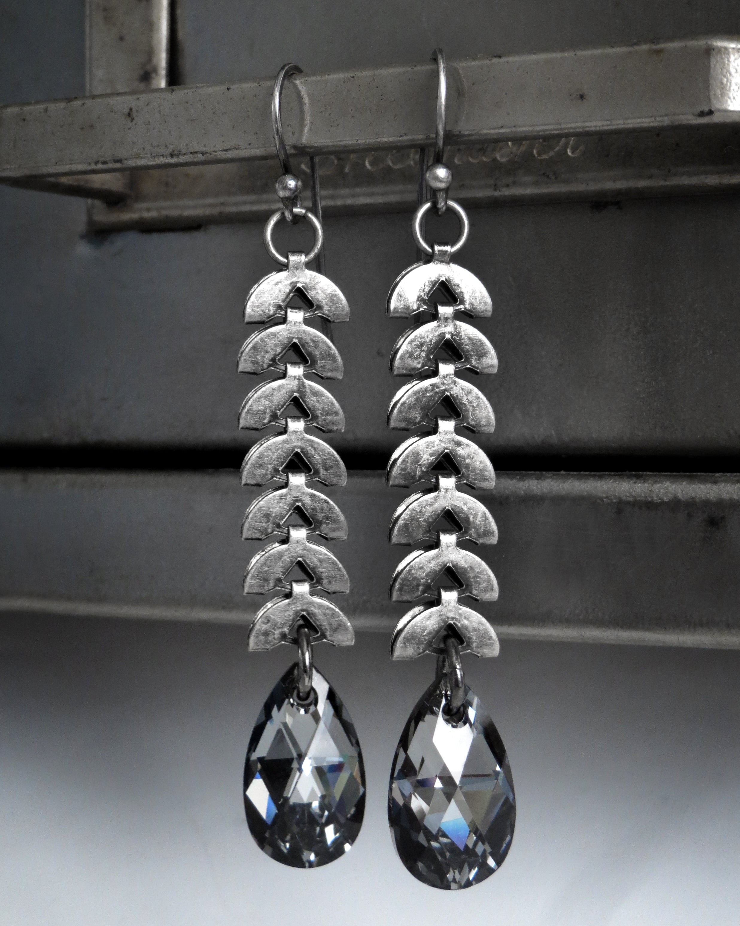 LUNA - Black Crystal Teardrop Earrings with Antiqued Silver Crescent Chain