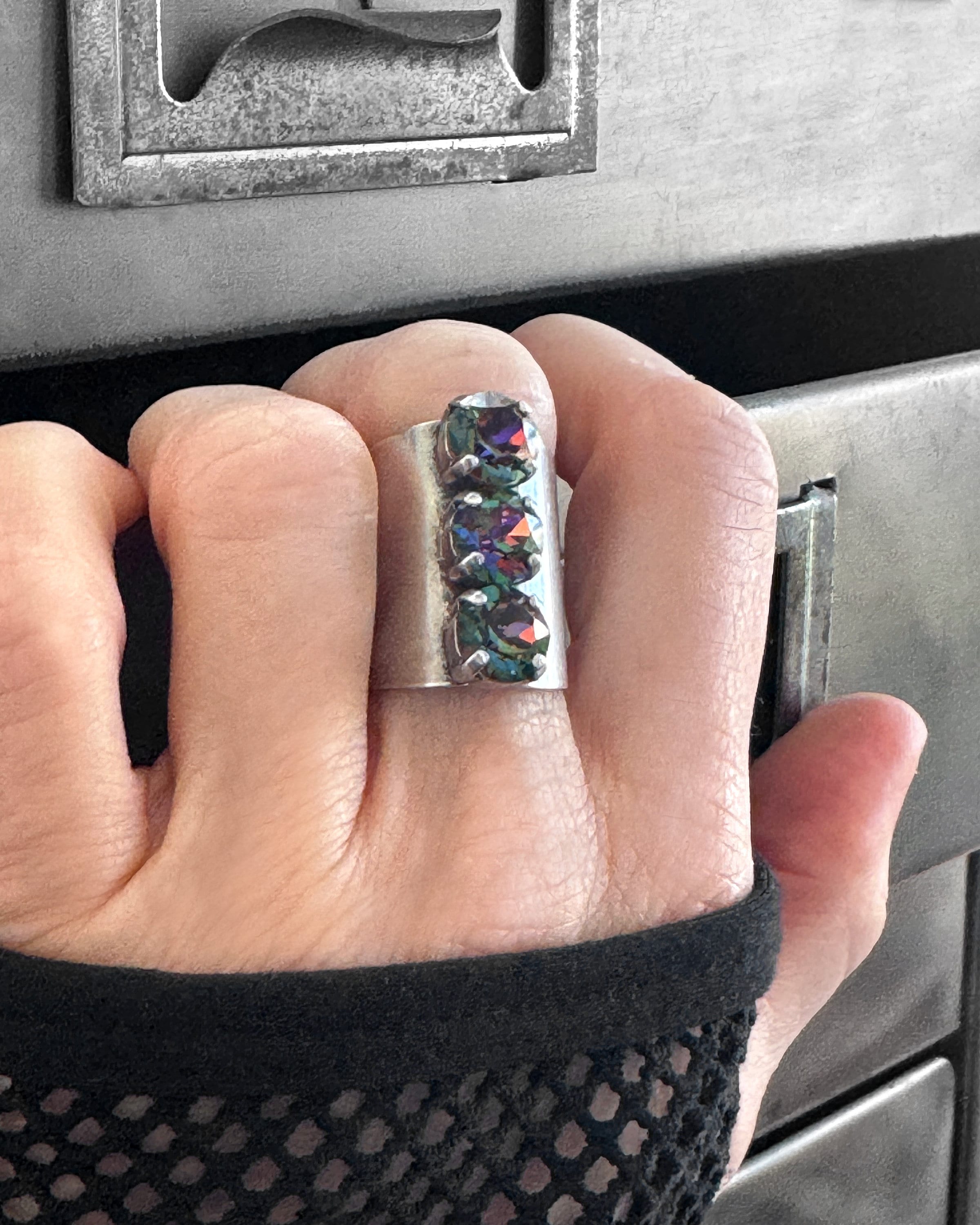 ALCHEMY - Unisex Trio Crystal Ring with Dark Rainbow Rhinestones - Modern Design Ring for Men Women, Wide Cuff Adjustable Ring Band