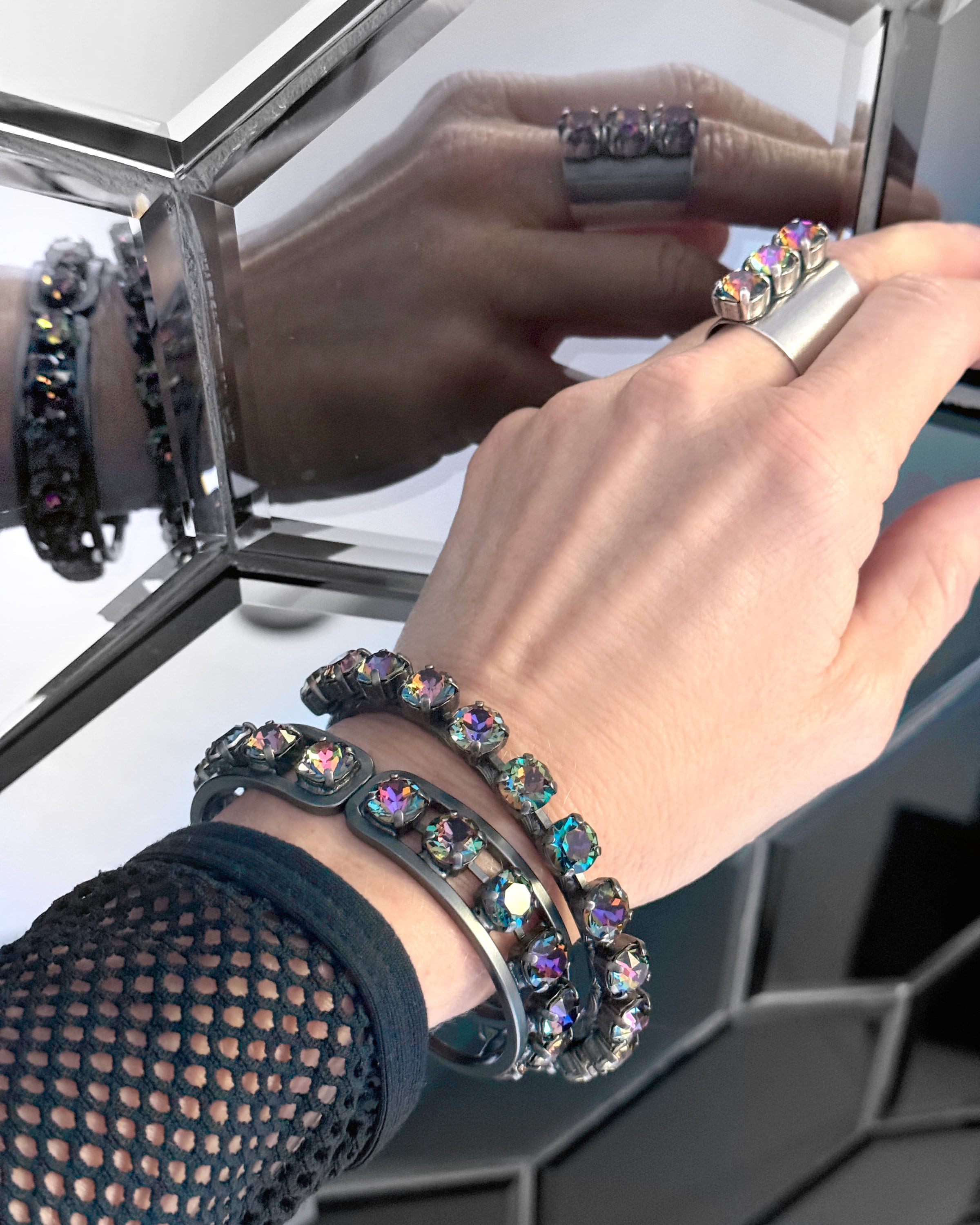 ALCHEMY - Unisex Trio Crystal Ring with Dark Rainbow Rhinestones - Modern Design Ring for Men Women, Wide Cuff Adjustable Ring Band