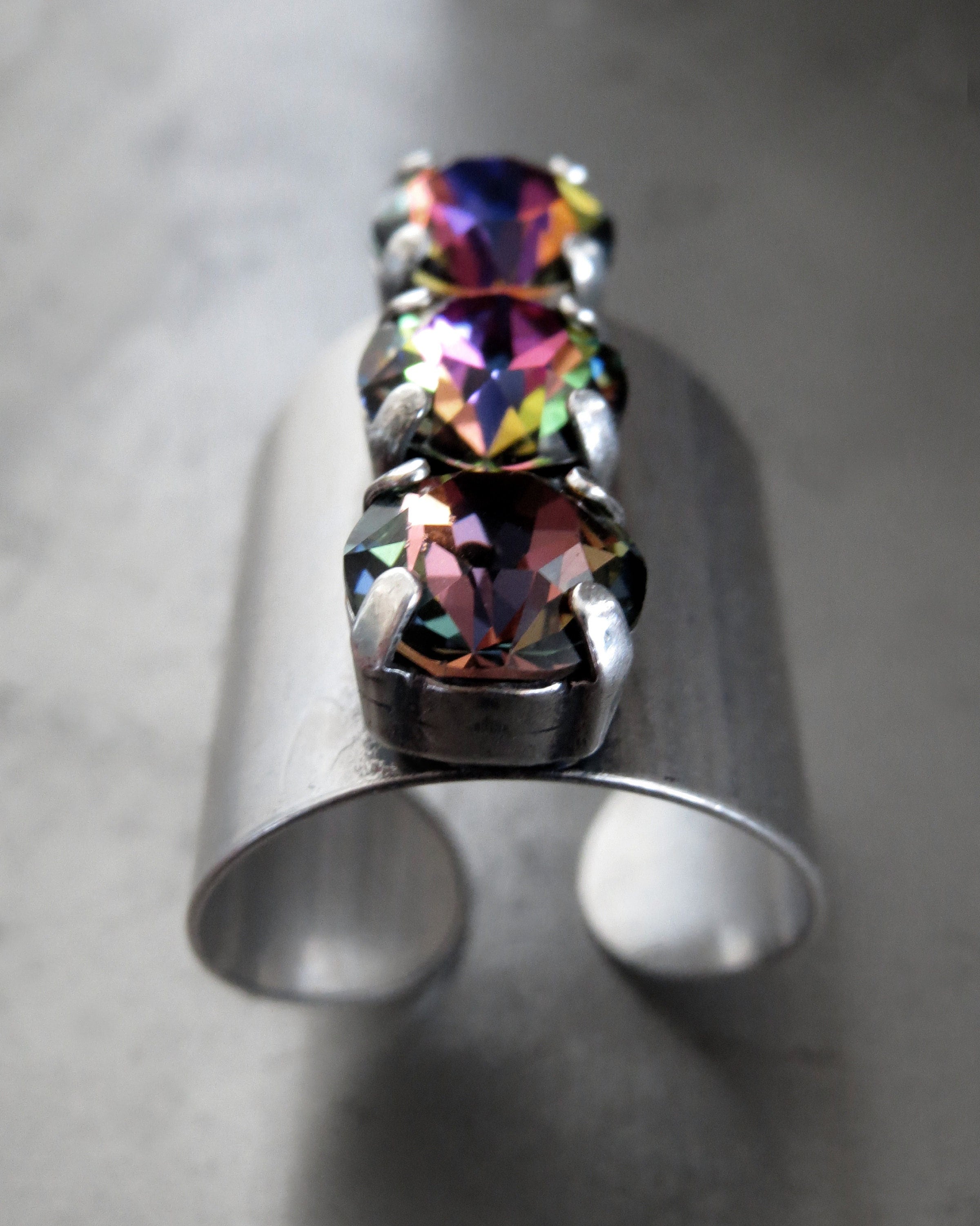 ALCHEMY - Unisex Trio Crystal Ring with Dark Rainbow Rhinestones - Modern Design Ring for Men Women, Wide Cuff Adjustable Ring Band