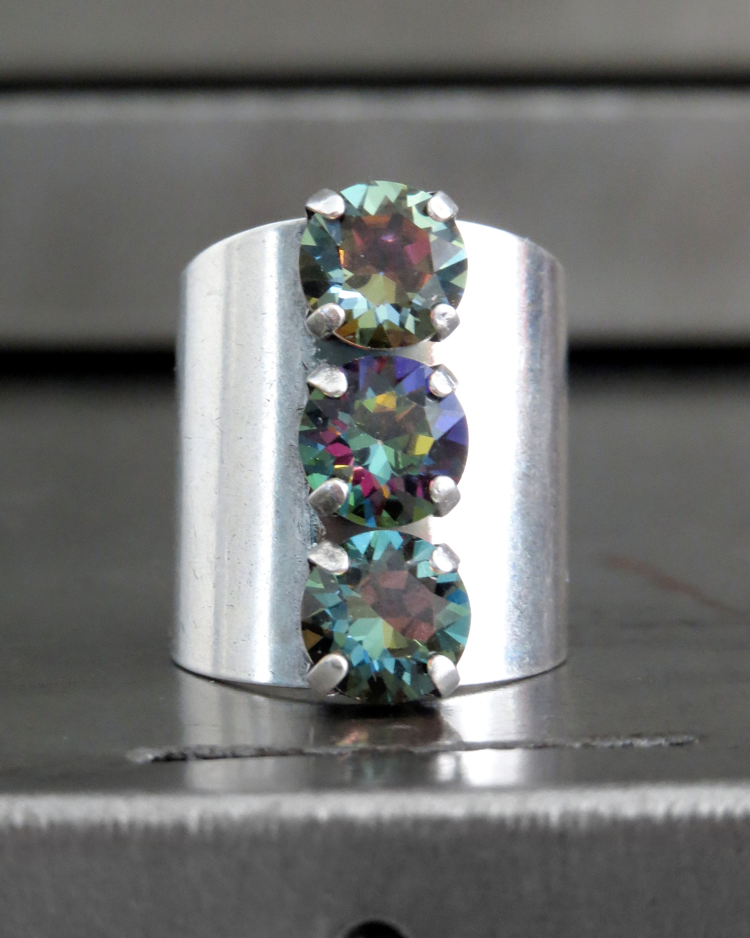 ALCHEMY - Trio Crystal Ring with Dark Rainbow Rhinestones - Unisex Modern Design Ring for Men Women, Wide Cuff Adjustable Ring Band