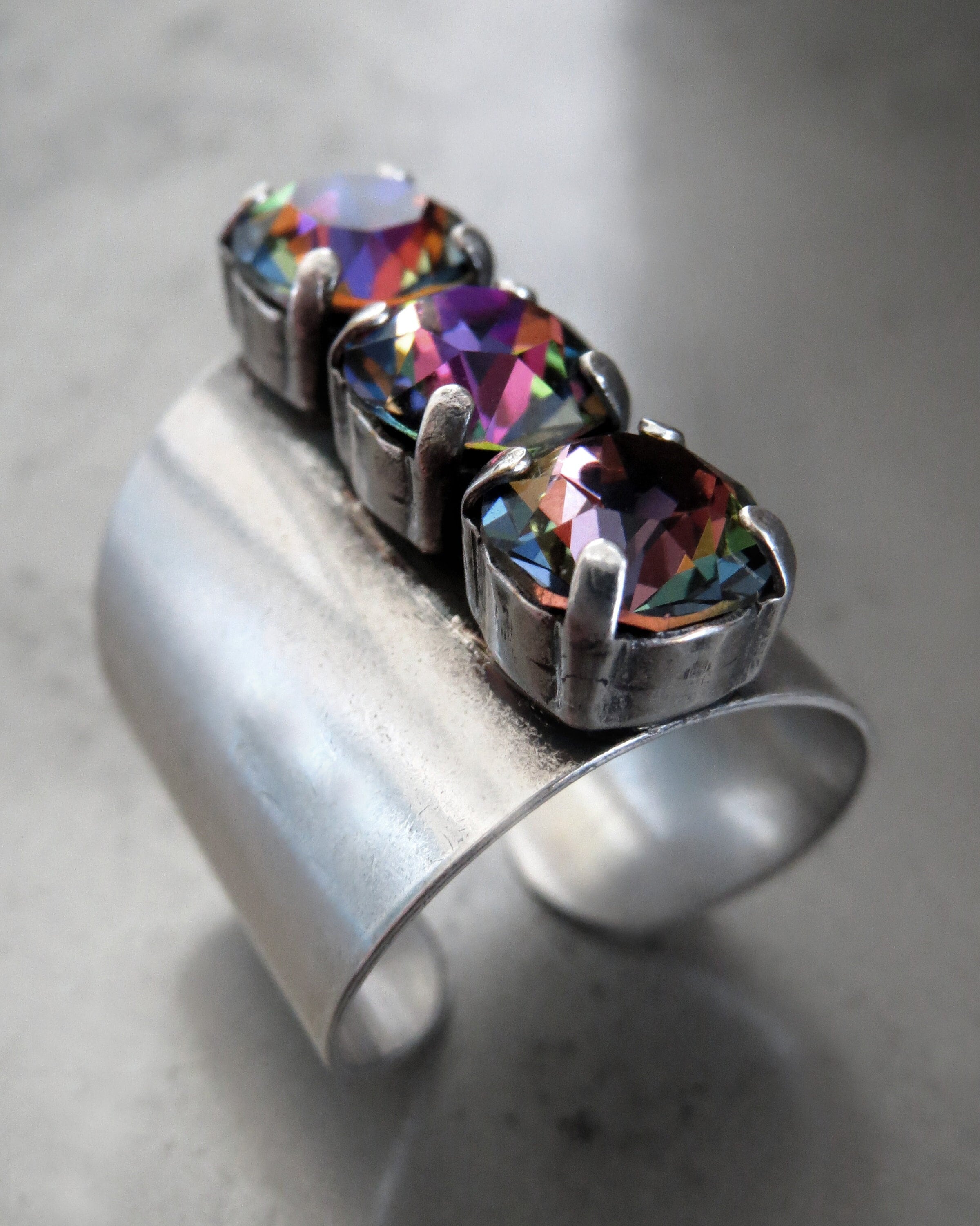 ALCHEMY - Unisex Trio Crystal Ring with Dark Rainbow Rhinestones - Modern Design Ring for Men Women, Wide Cuff Adjustable Ring Band