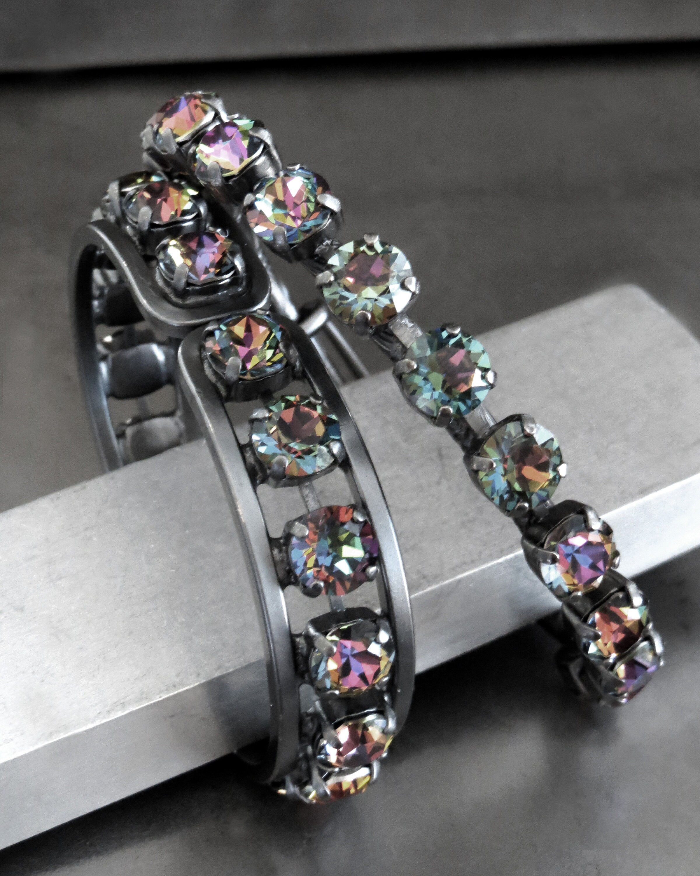 ALCHEMY - Gothic Rainbow Crystal Bracelet - Hinge or Bangle Style - Multicolor Rhinestone Bracelet - Goth LGBTQ Queer Pride Jewelry