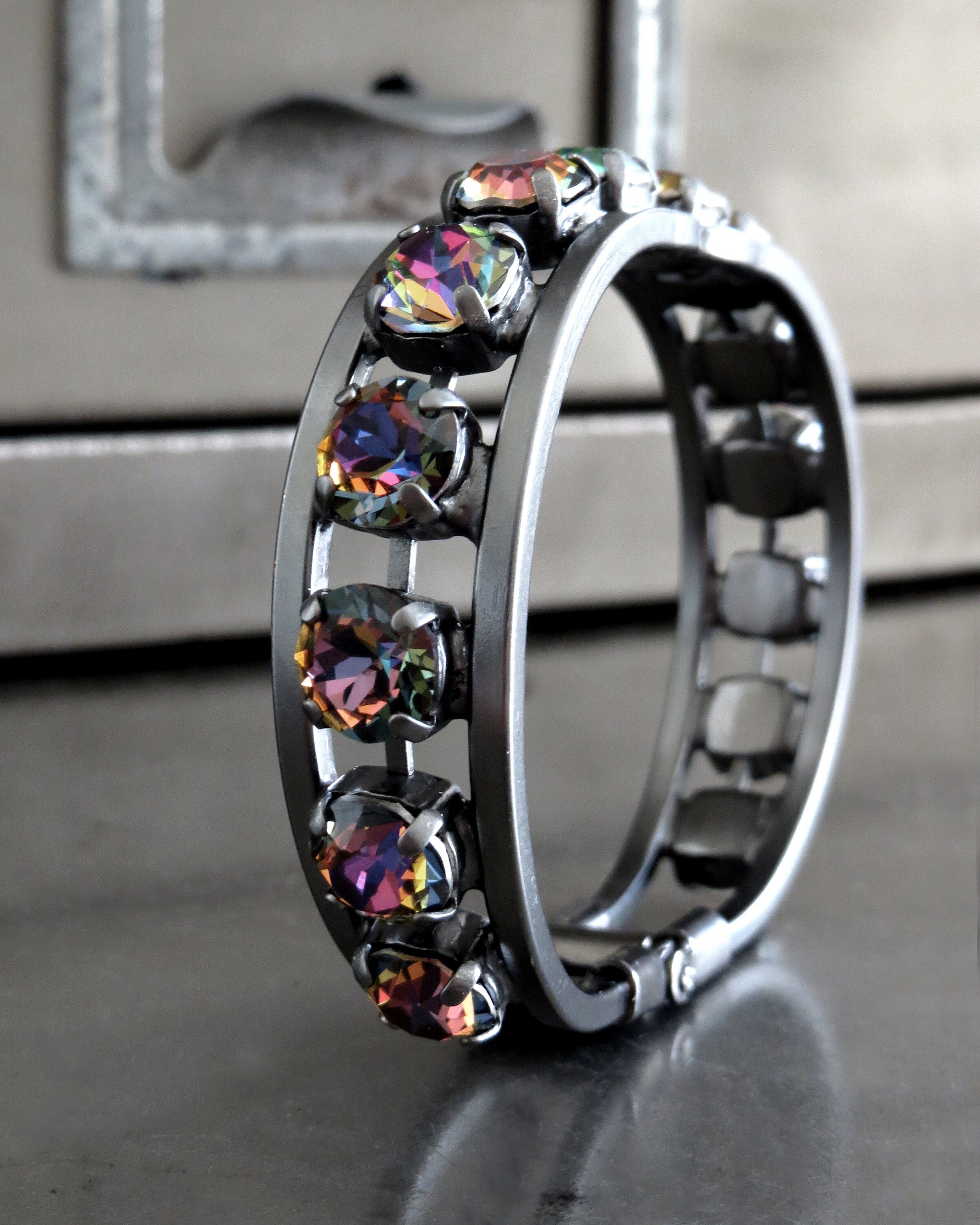 ALCHEMY - Gothic Rainbow Crystal Bracelet - Hinge or Bangle Style - Multicolor Rhinestone Bracelet - Goth LGBTQ Queer Pride Jewelry
