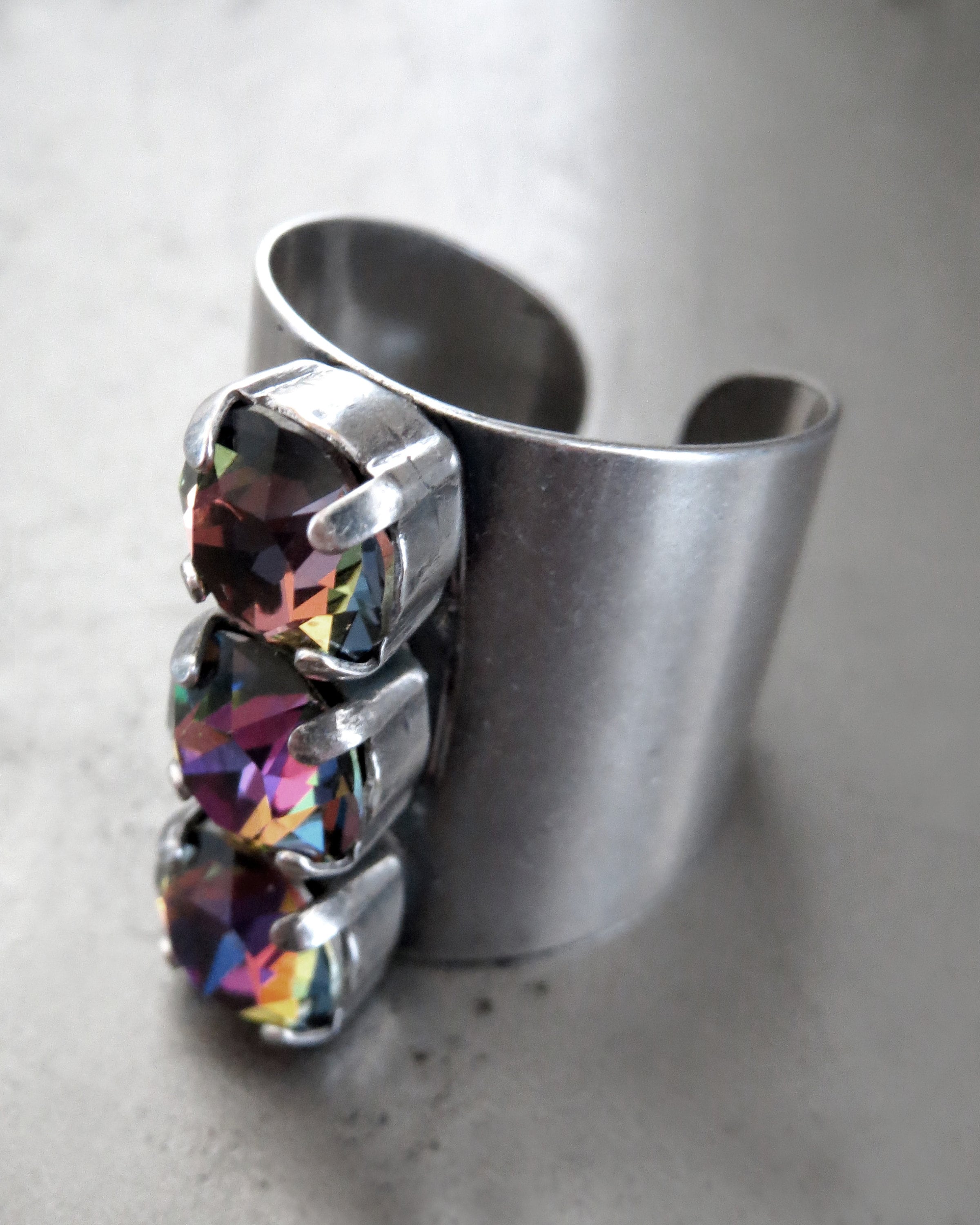 ALCHEMY - Unisex Trio Crystal Ring with Dark Rainbow Rhinestones - Modern Design Ring for Men Women, Wide Cuff Adjustable Ring Band