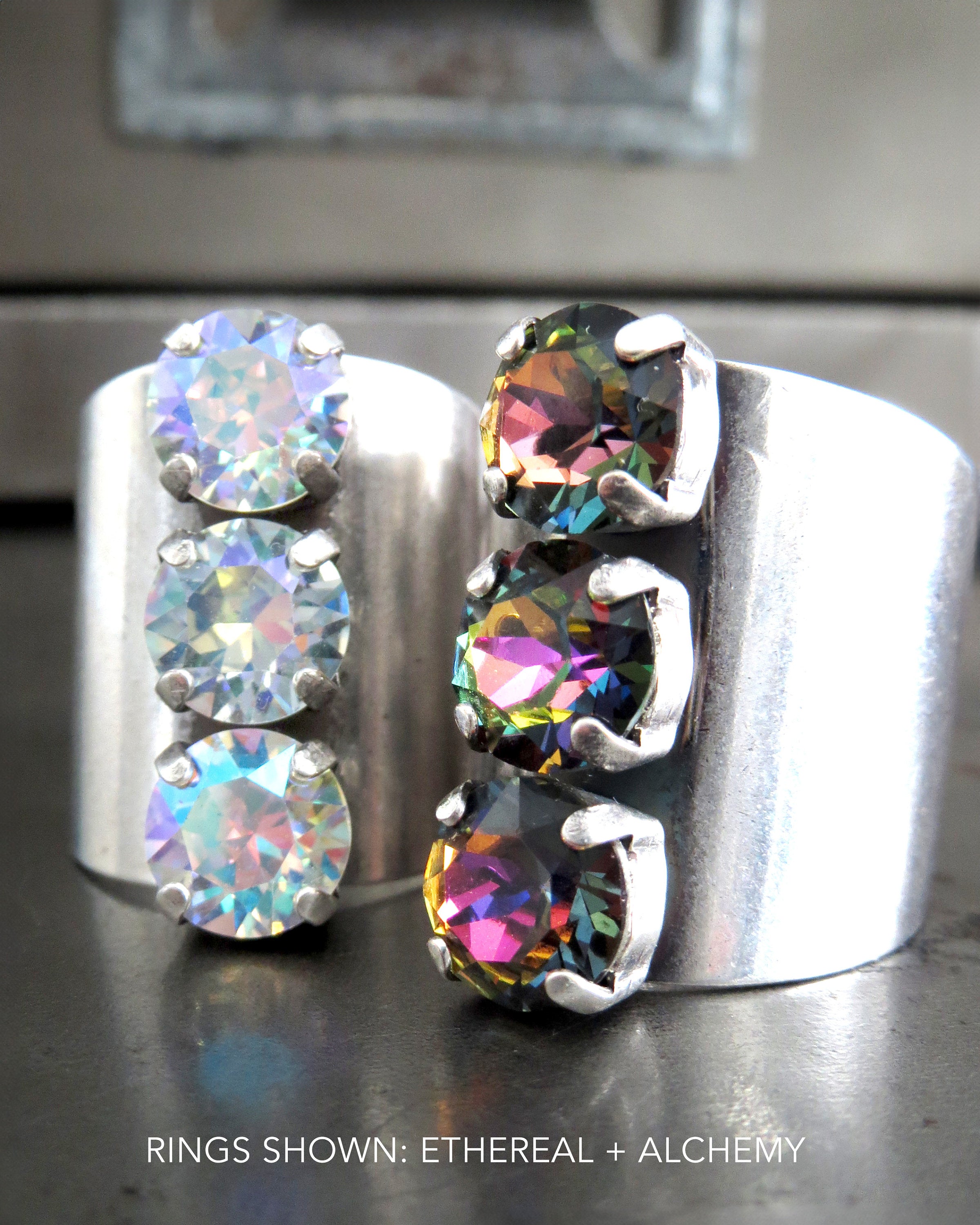 ALCHEMY - Trio Crystal Ring with Dark Rainbow Rhinestones - Unisex Modern Design Ring for Men Women, Wide Cuff Adjustable Ring Band