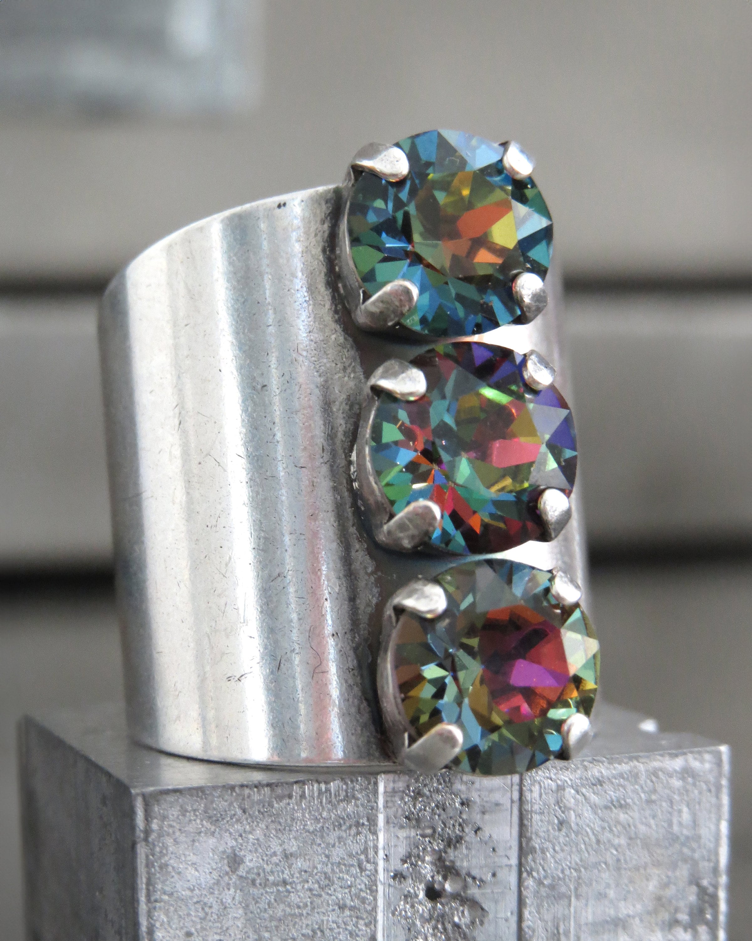 ALCHEMY - Trio Crystal Ring with Dark Rainbow Rhinestones - Unisex Modern Design Ring for Men Women, Wide Cuff Adjustable Ring Band