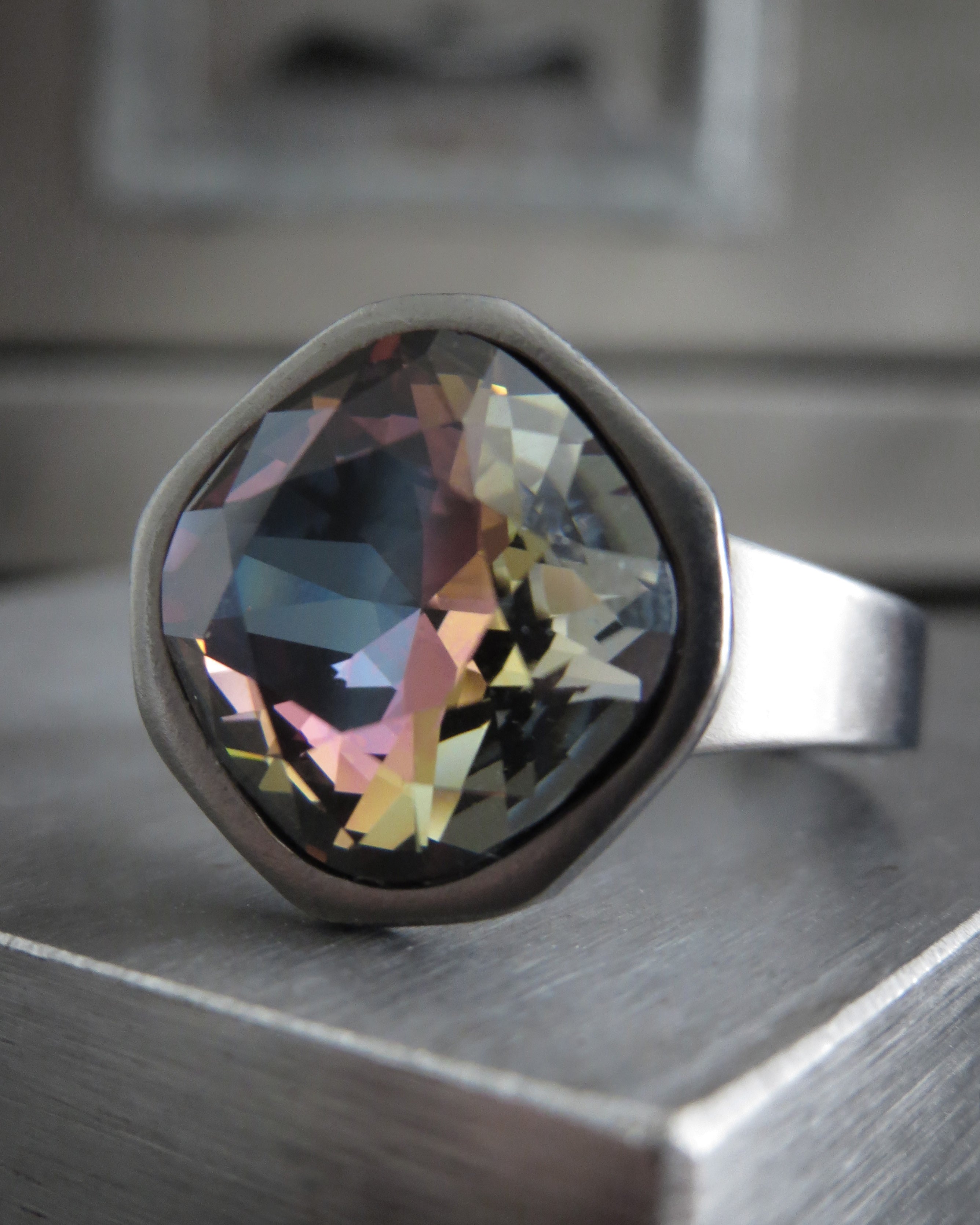 MIDNIGHT in the ROSE GARDEN - Multicolor Dark Grey Crystal Ring