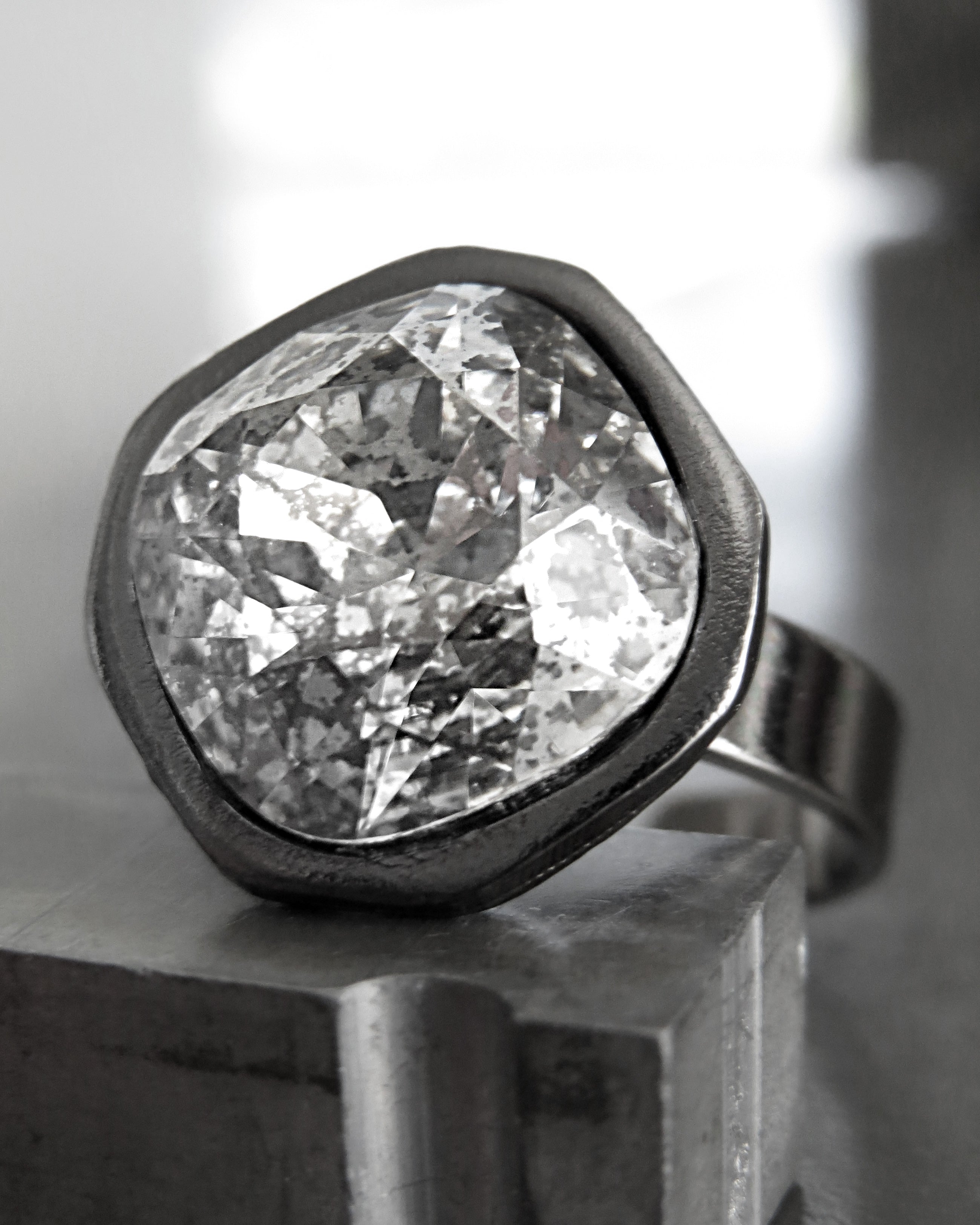 MERCURY - Distressed Metallic Silver Patina Crystal Ring