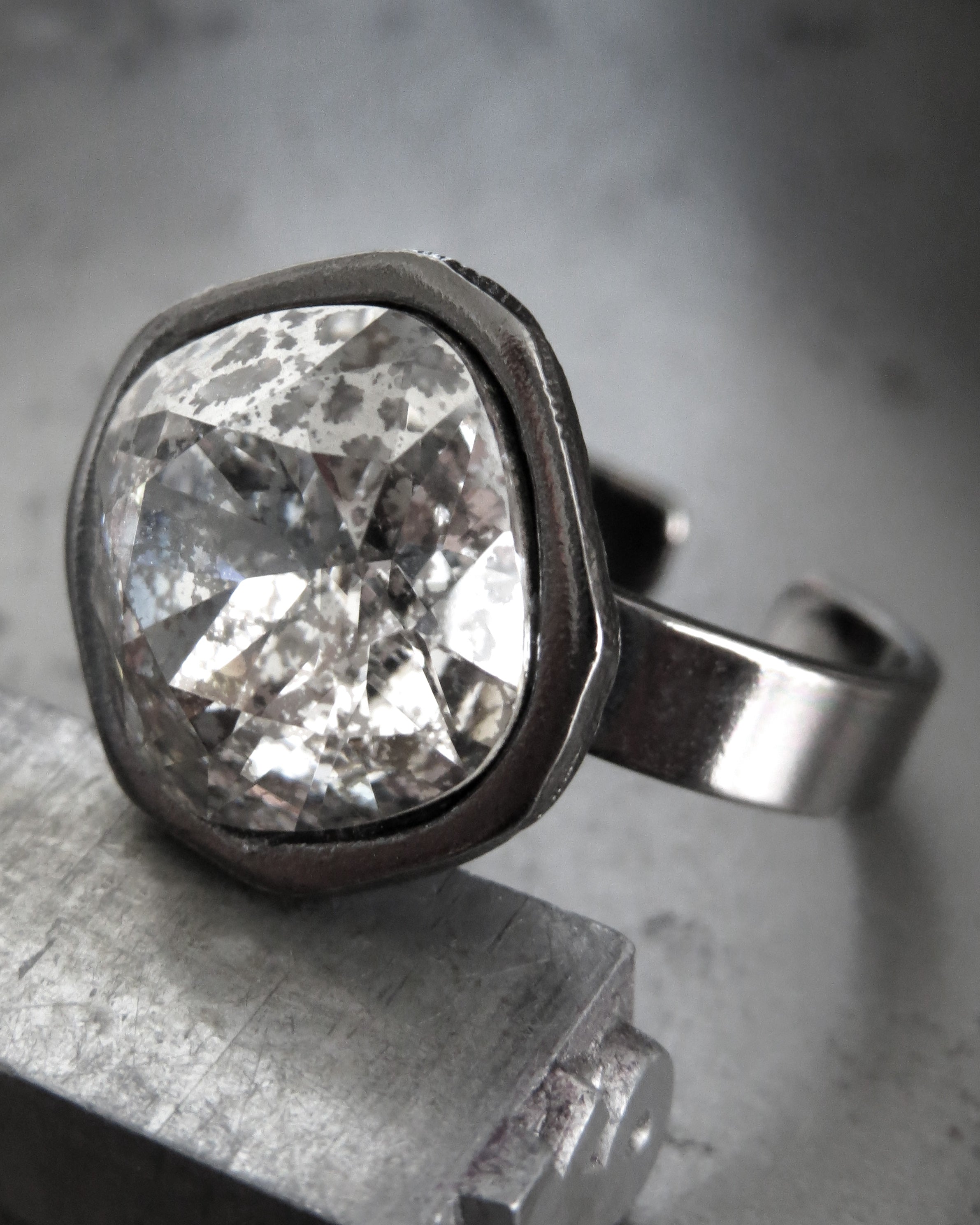 MERCURY - Distressed Metallic Silver Patina Crystal Ring