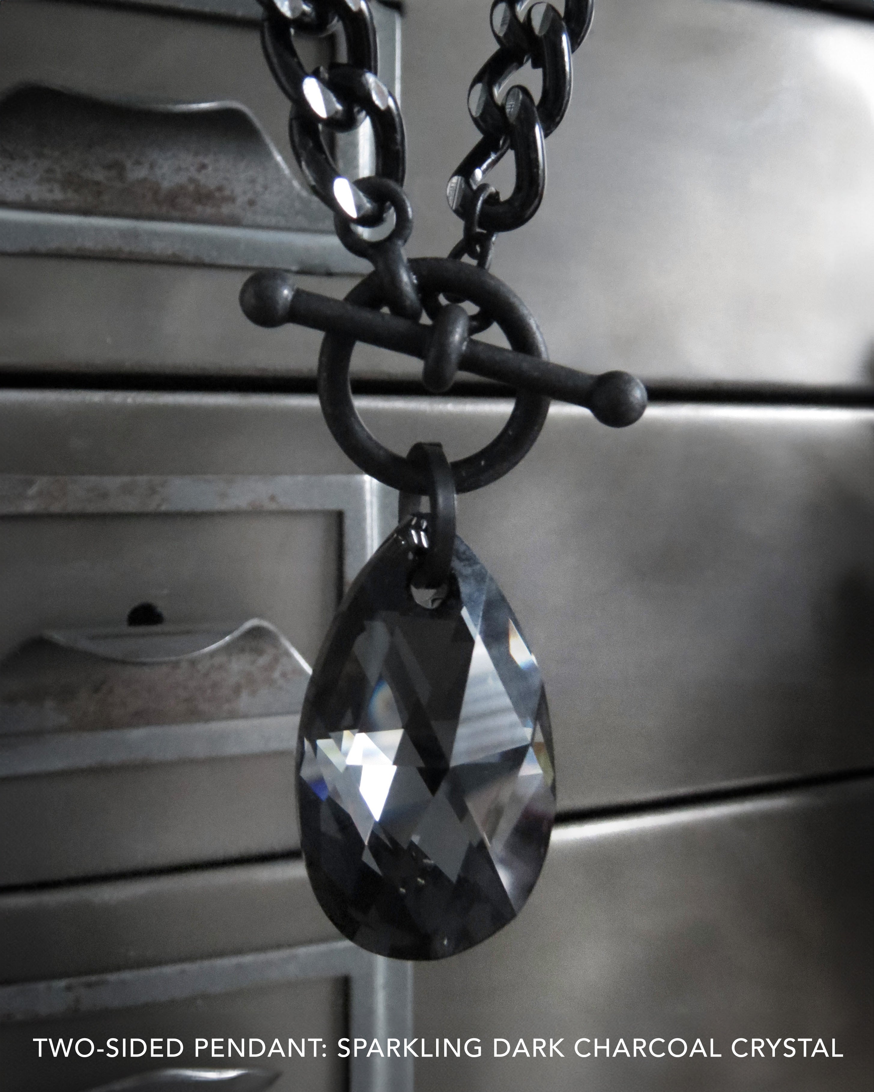 VIBE V4 - Two Sided Silver + Black Teardrop Crystal Necklace with Thick Chain