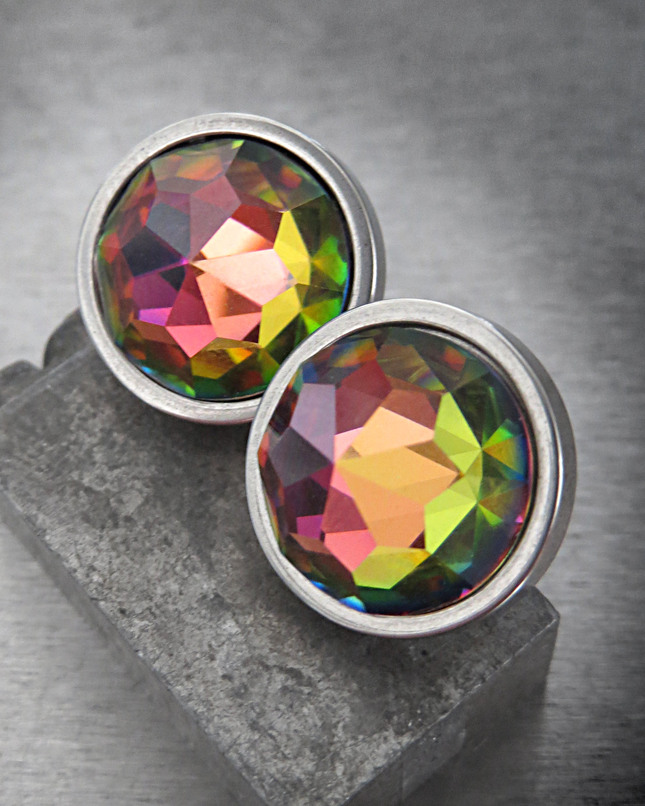 Large Rainbow Stud Earrings with Colorful Vintage Crystal