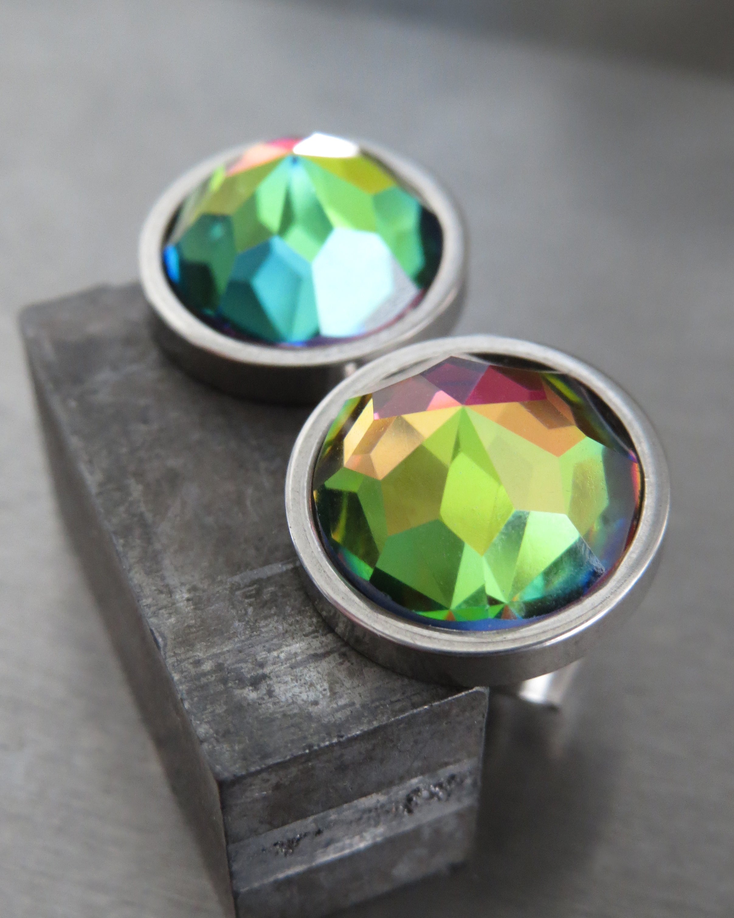 Large Rainbow Stud Earrings with Colorful Vintage Crystal