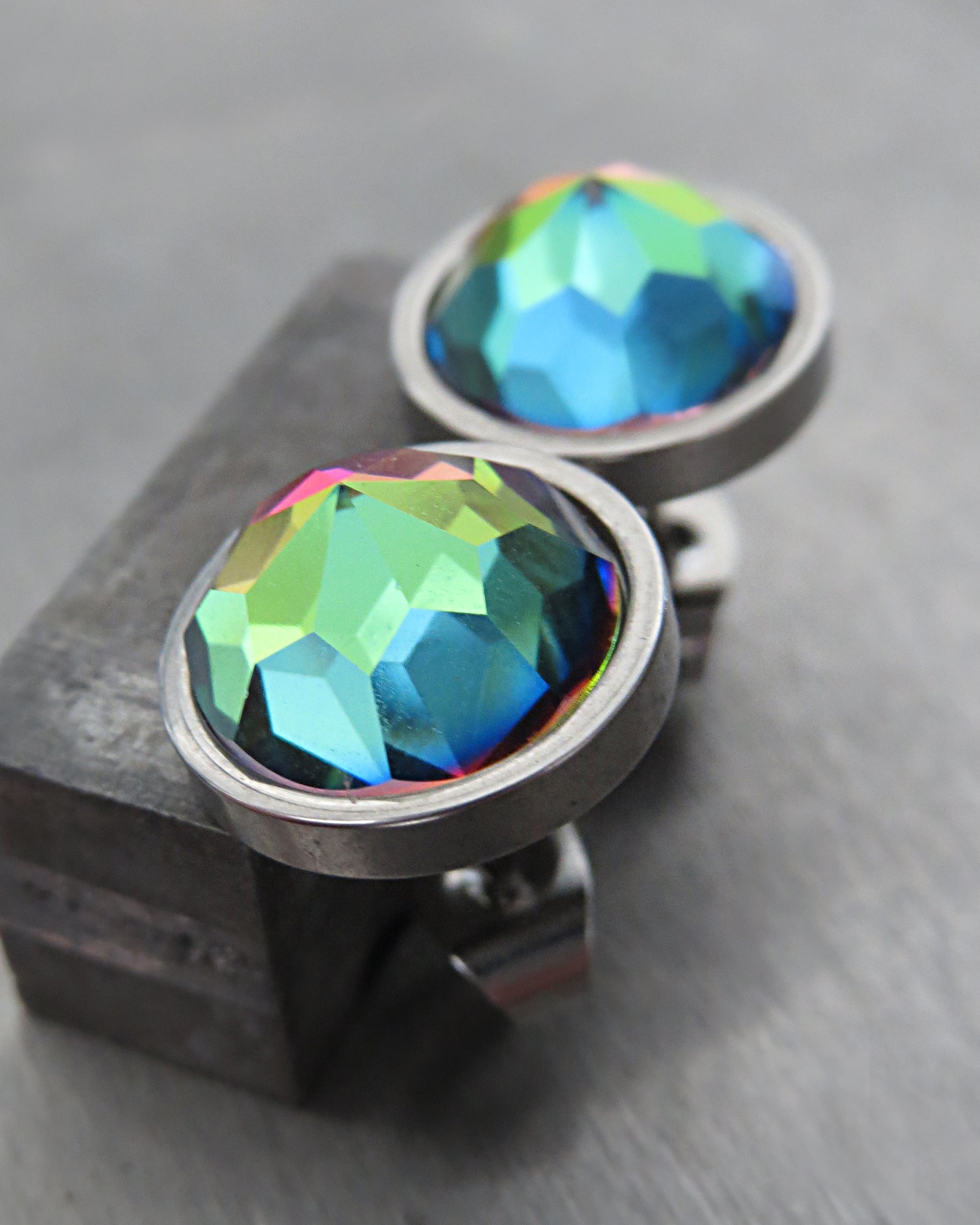 Large Rainbow Stud Earrings with Colorful Vintage Crystal