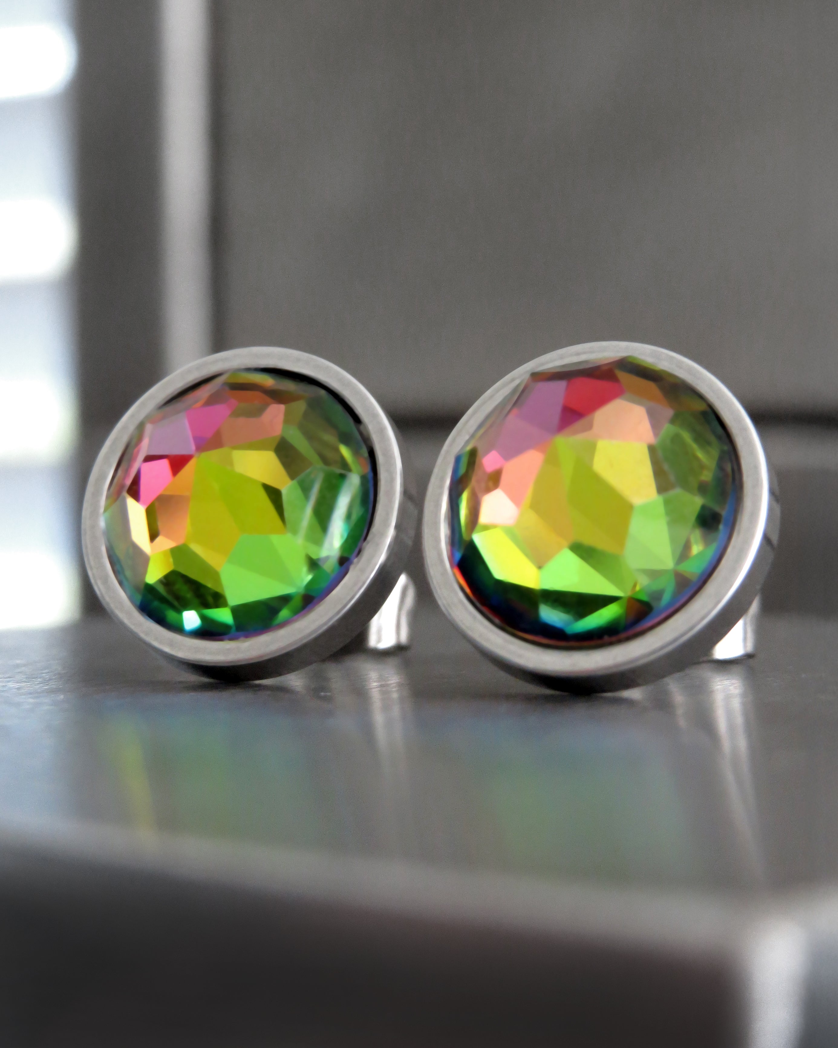 Large Rainbow Stud Earrings with Colorful Vintage Crystal