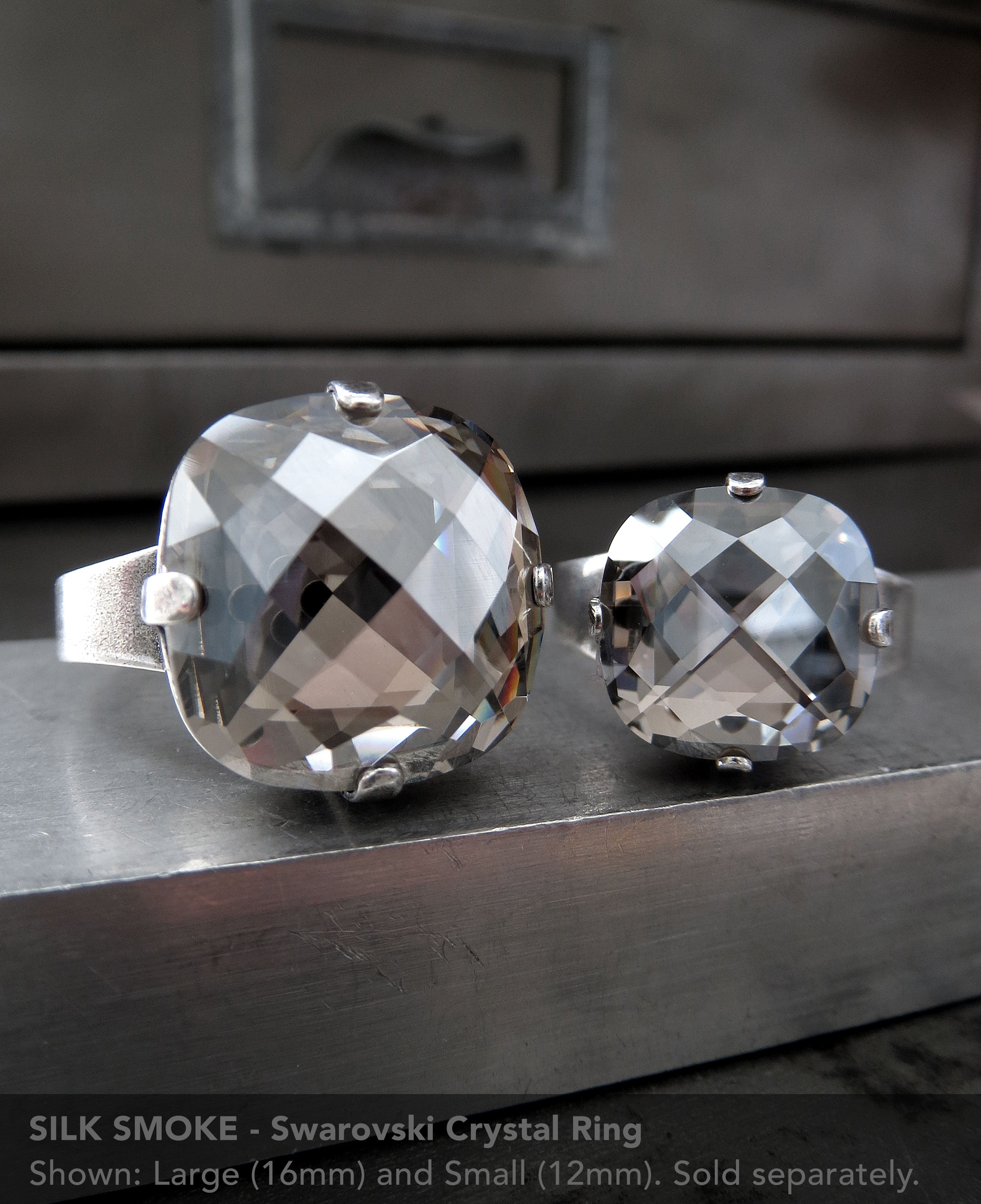 SILK SMOKE - Warm Silver Grey Crystal Ring - 2 Crystal Size Options