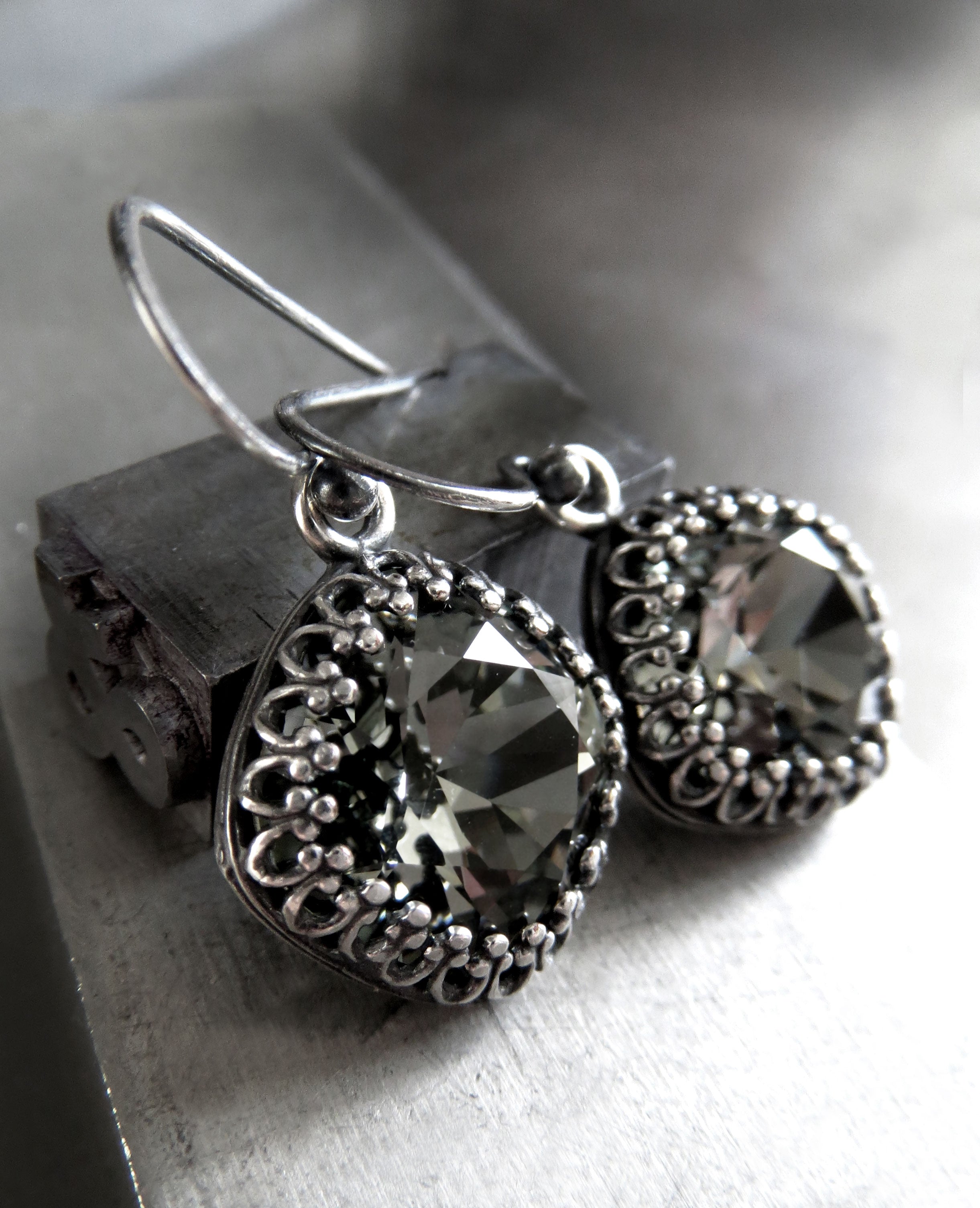 ETERNITY - Black Diamond Crystal Earrings in Vintage Style Crown Bezels