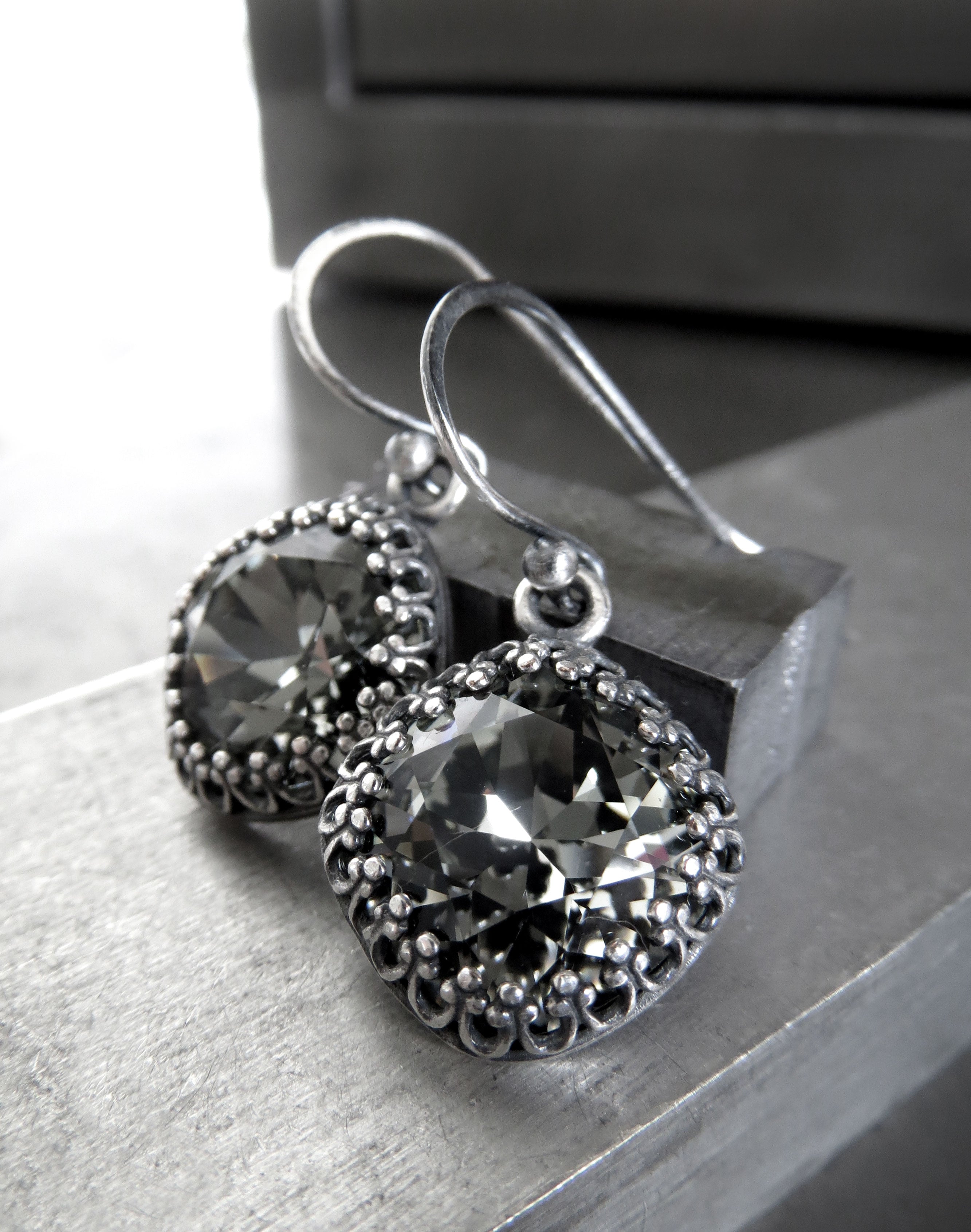 ETERNITY - Black Diamond Crystal Earrings in Vintage Style Crown Bezels