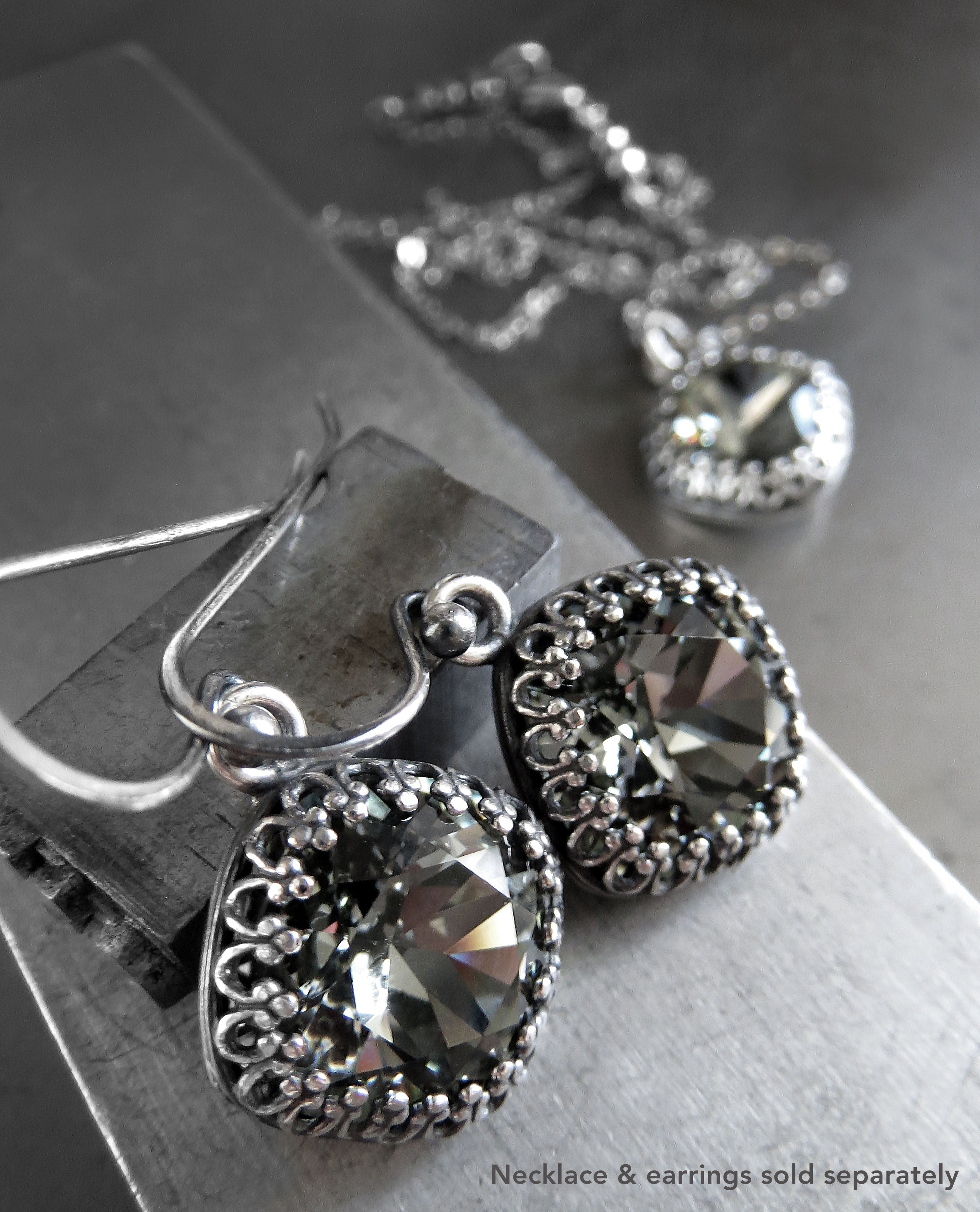 ETERNITY - Black Diamond Crystal Earrings in Vintage Style Crown Bezels