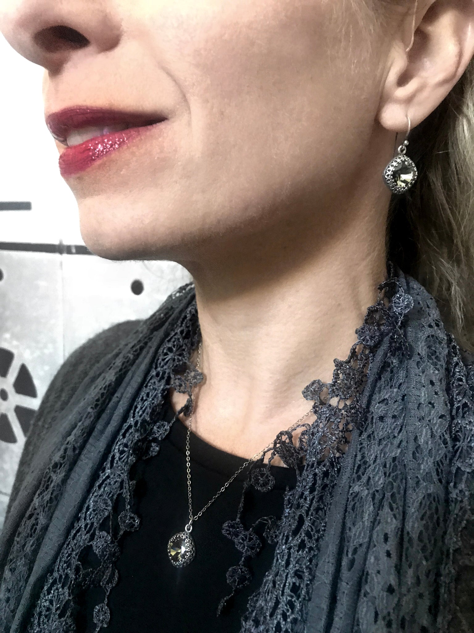 ETERNITY - Black Diamond  Crystal Necklace with Vintage Style Crown Bezel