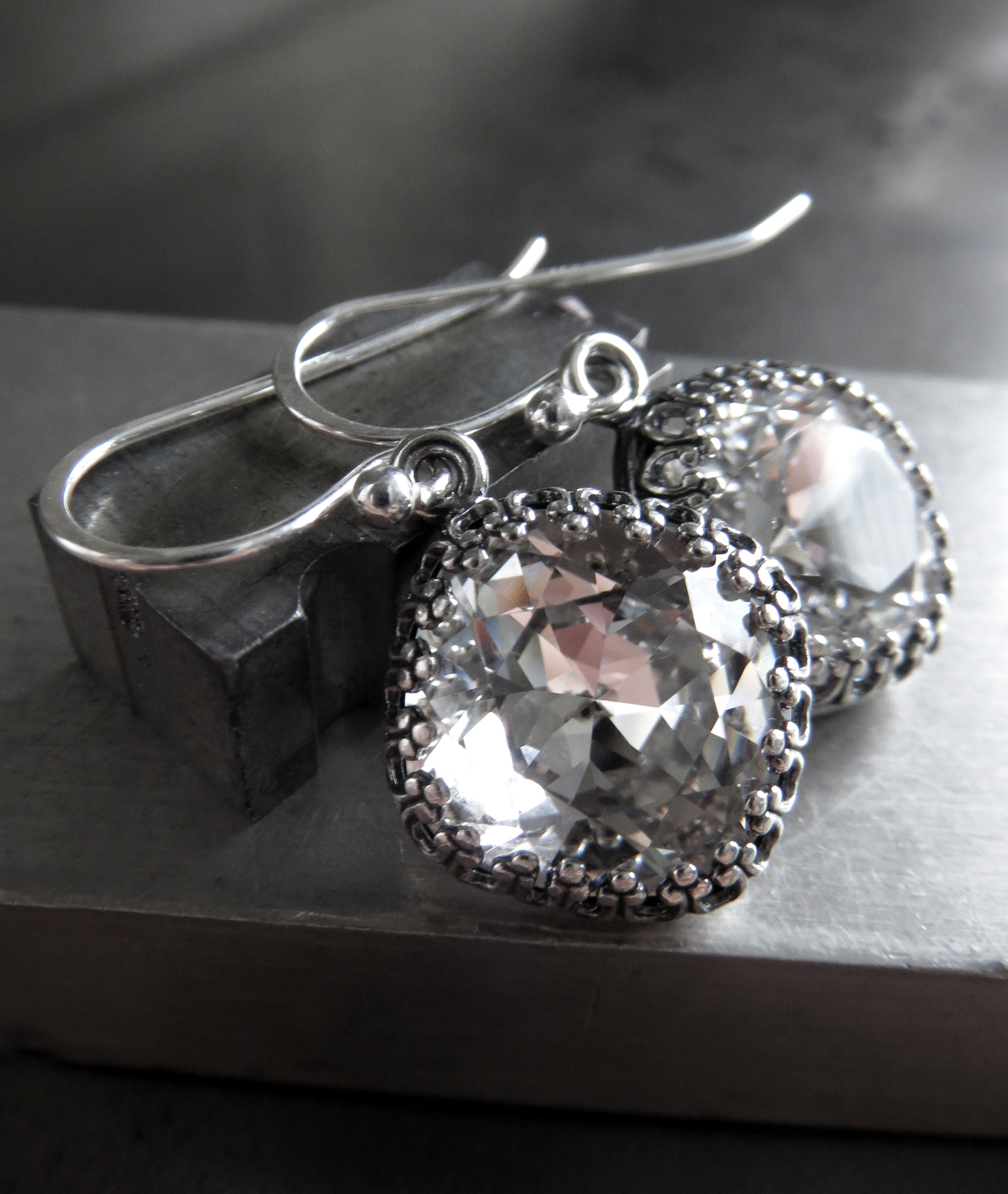FOREVER - Vintage Style Clear Crystal Earrings with Crown Bezels