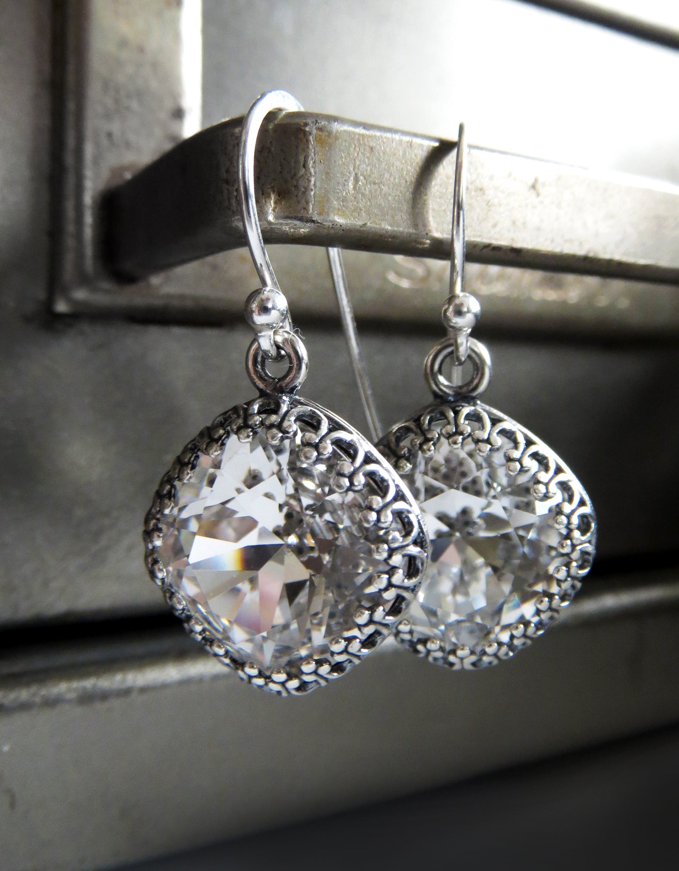 FOREVER - Vintage Style Clear Crystal Earrings with Crown Bezels