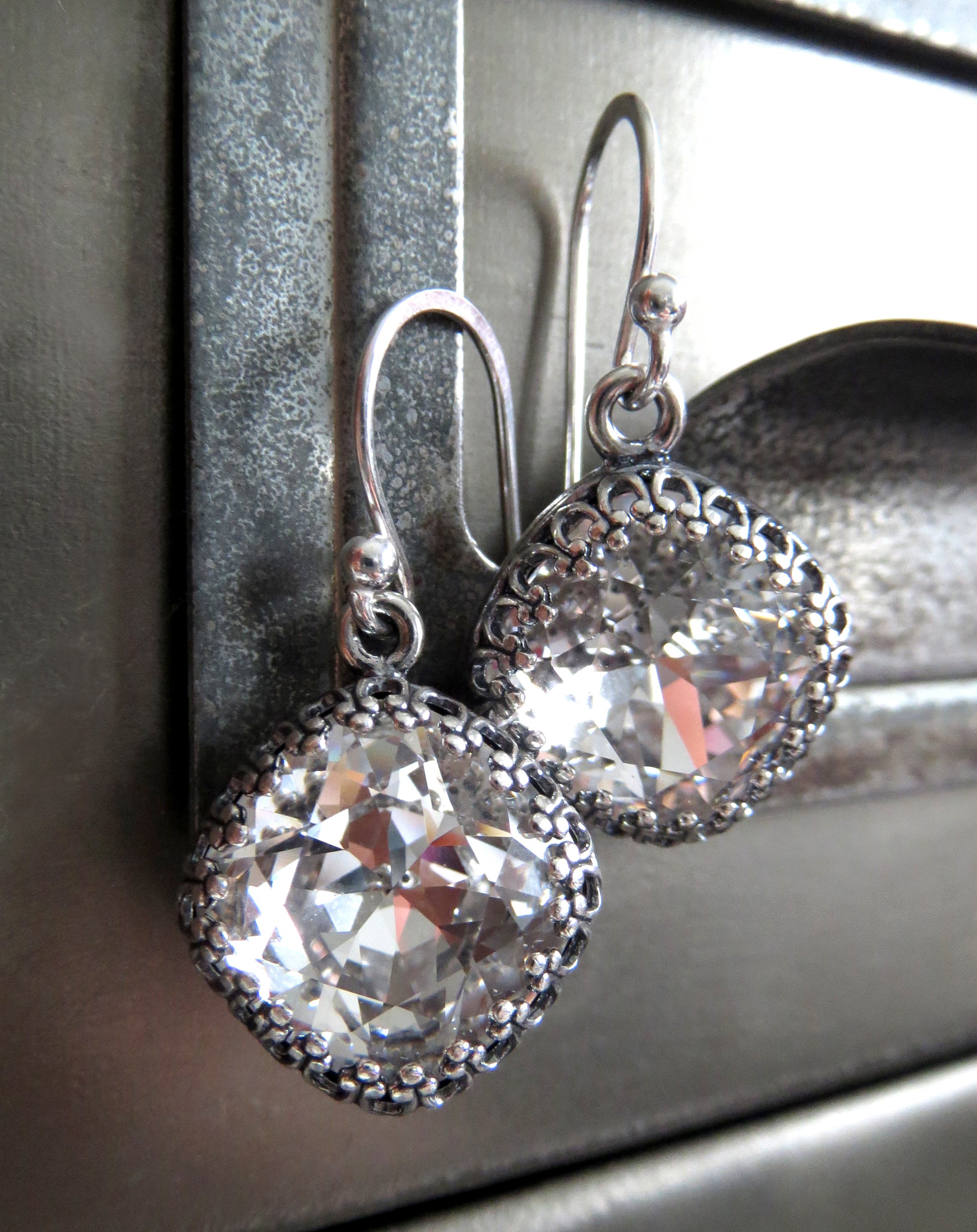 FOREVER - Vintage Style Clear Crystal Earrings with Crown Bezels