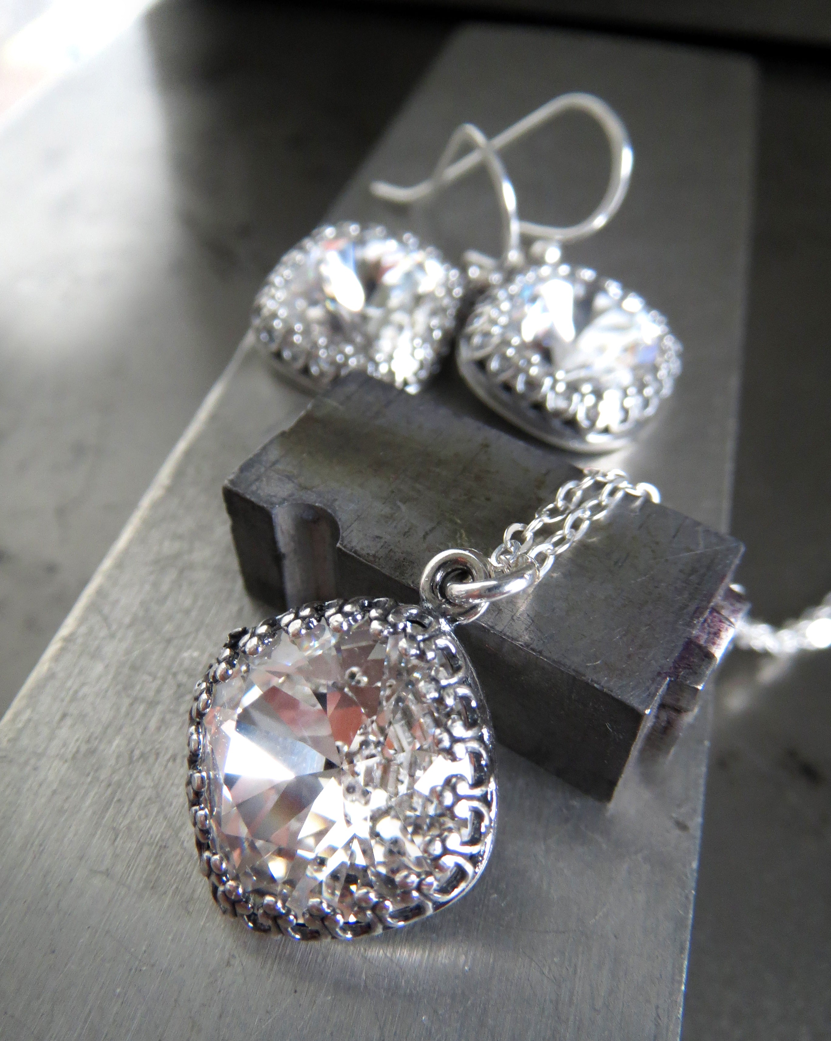 FOREVER - Vintage Style Clear Crystal Earrings with Crown Bezels