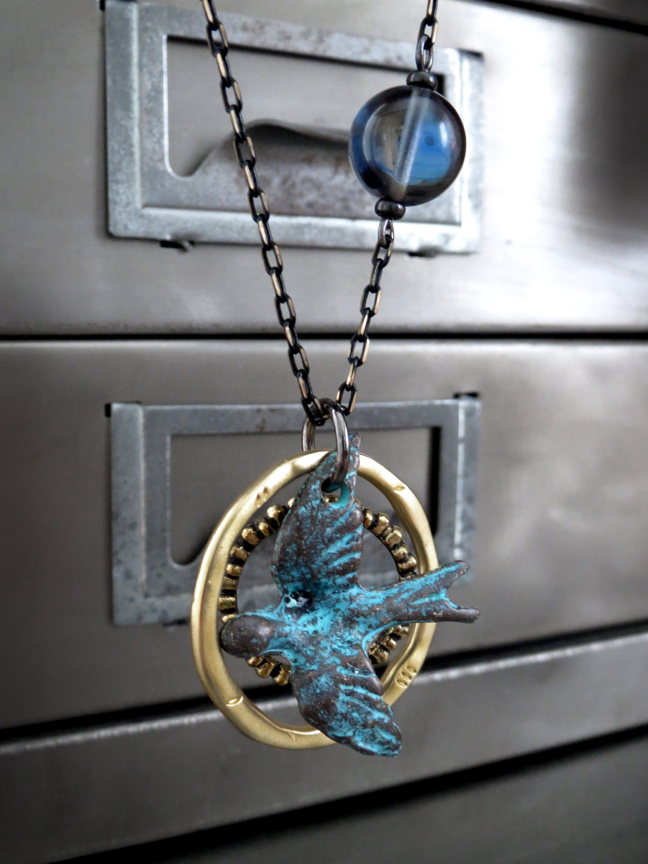 FREE SPIRIT - Flying Bird Pendant Necklace with Earthy Patina