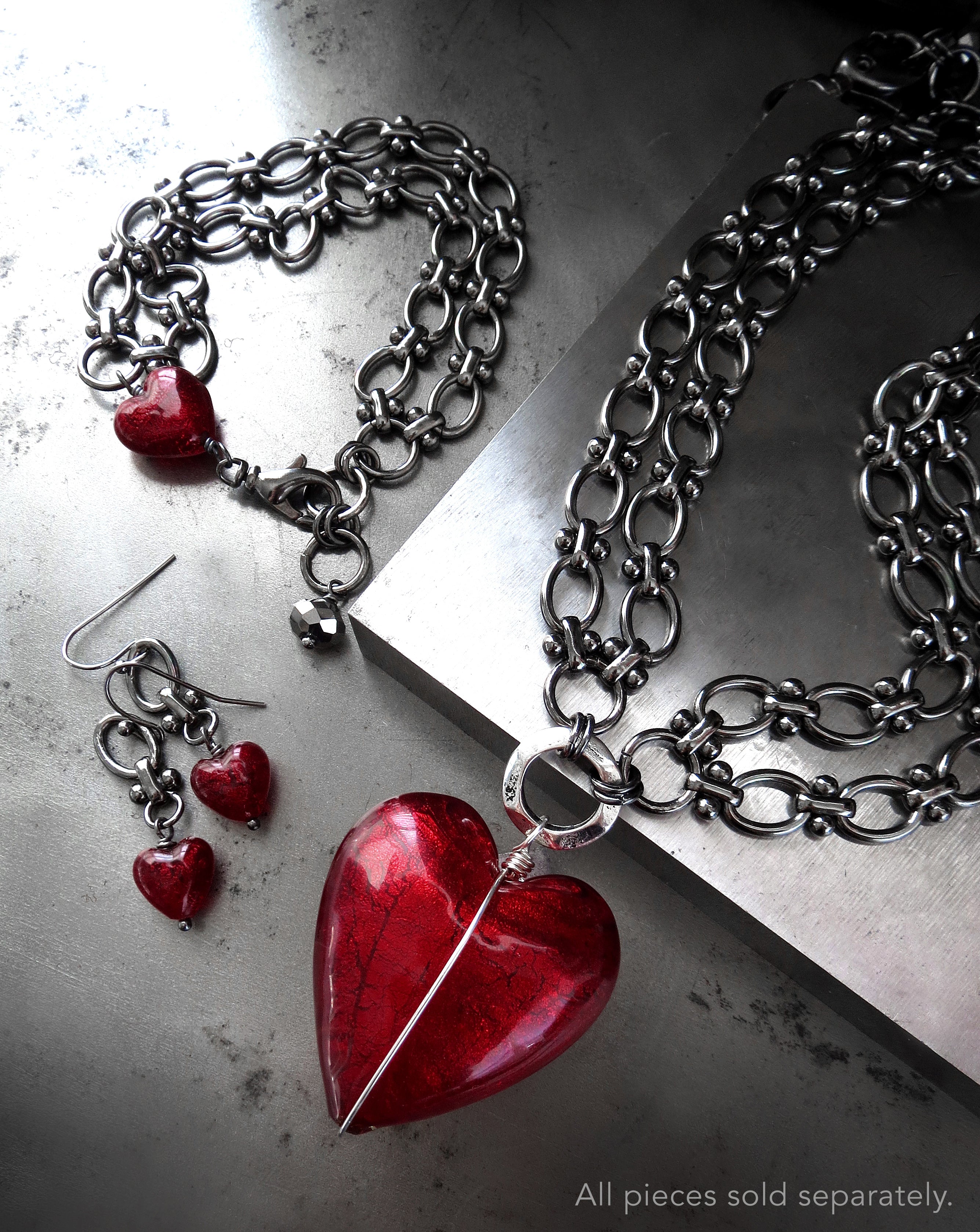 REMINDER - Gothic Deep Red Heart Bracelet with Black Gunmetal Chain