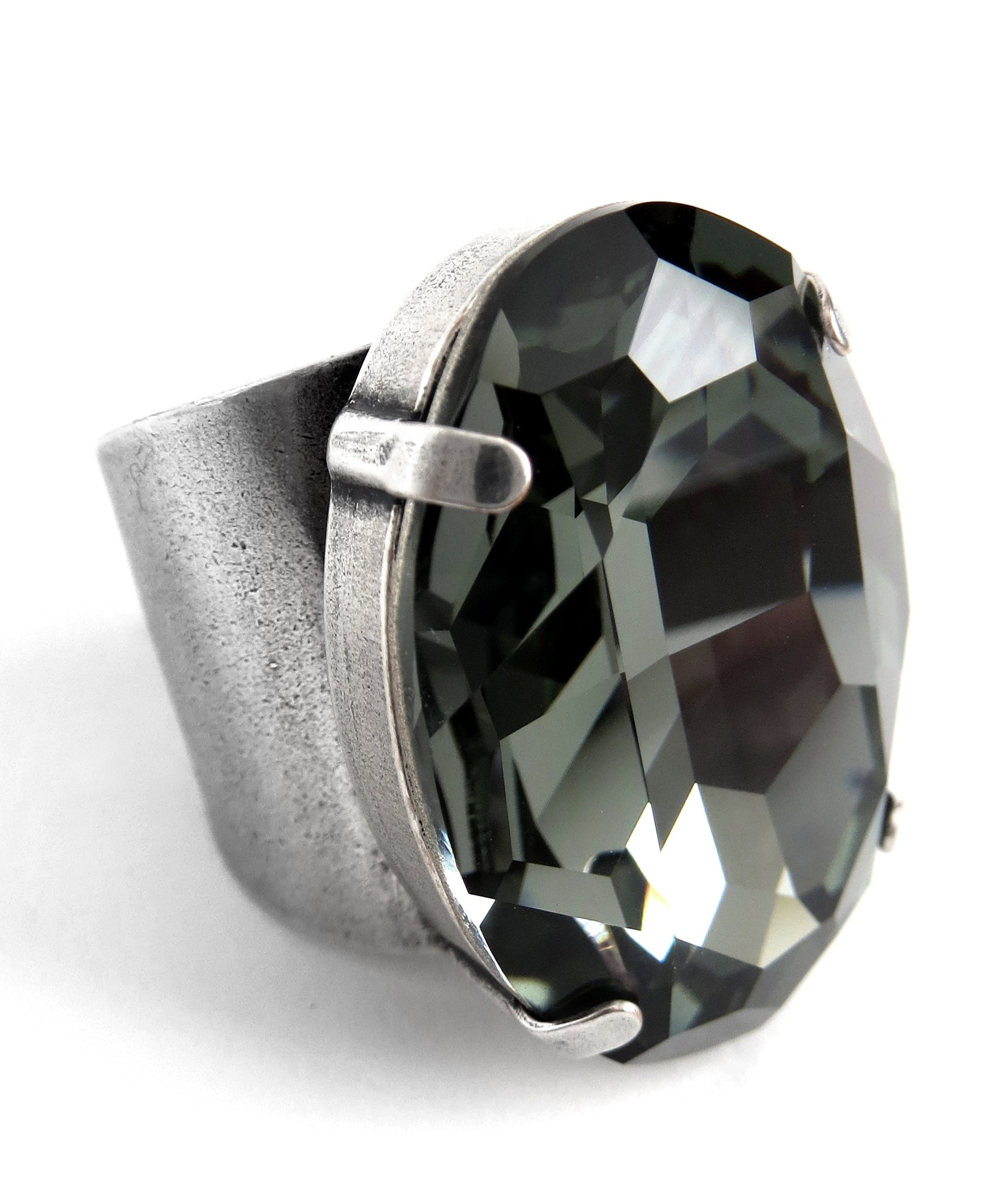 Large Black Diamond Crystal Oval Cocktail Ring