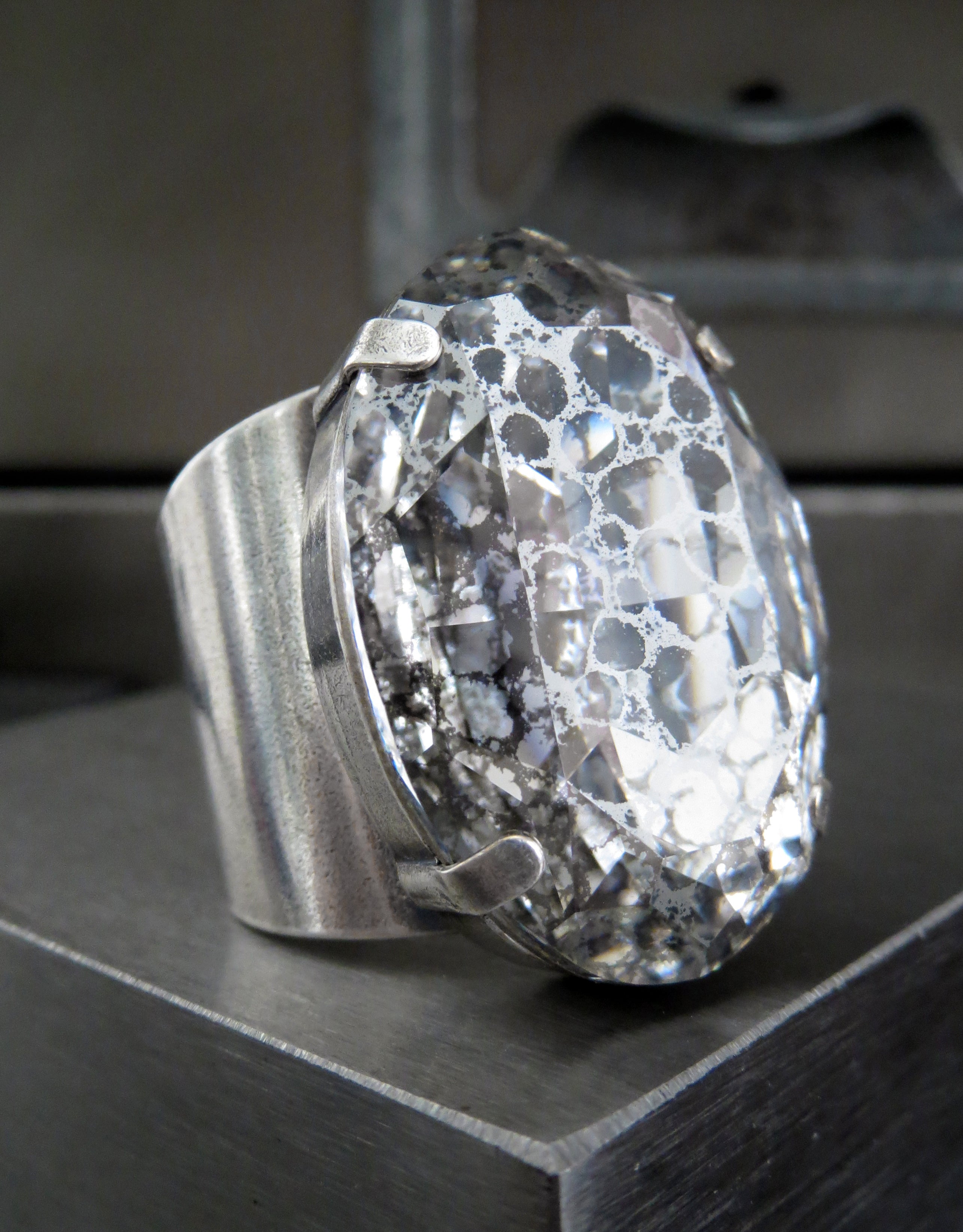DISTRESSED - Large Silver Patina Crystal Oval Ring