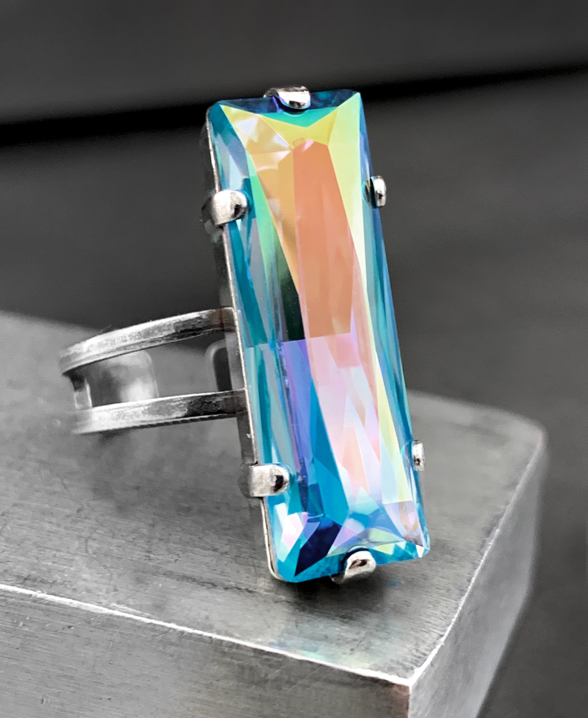 HYPNOTIZE - Limited! Cosmic Aqua Blue Baguette Crystal Ring