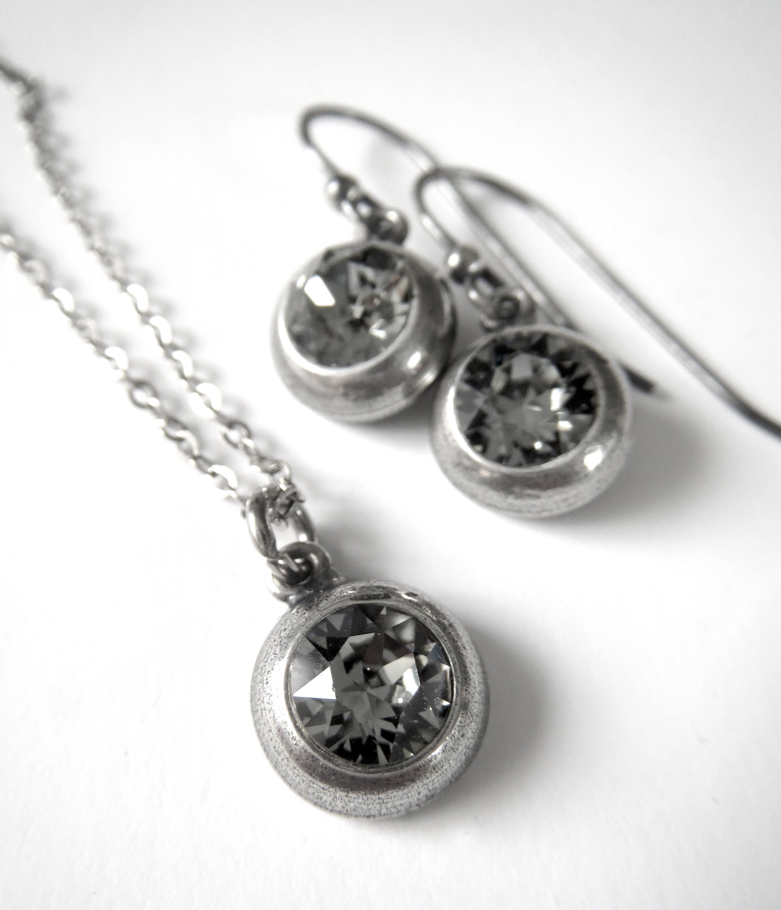 Ultra Modern Minimalist Crystal Necklace and Earring Set - Black Diamond