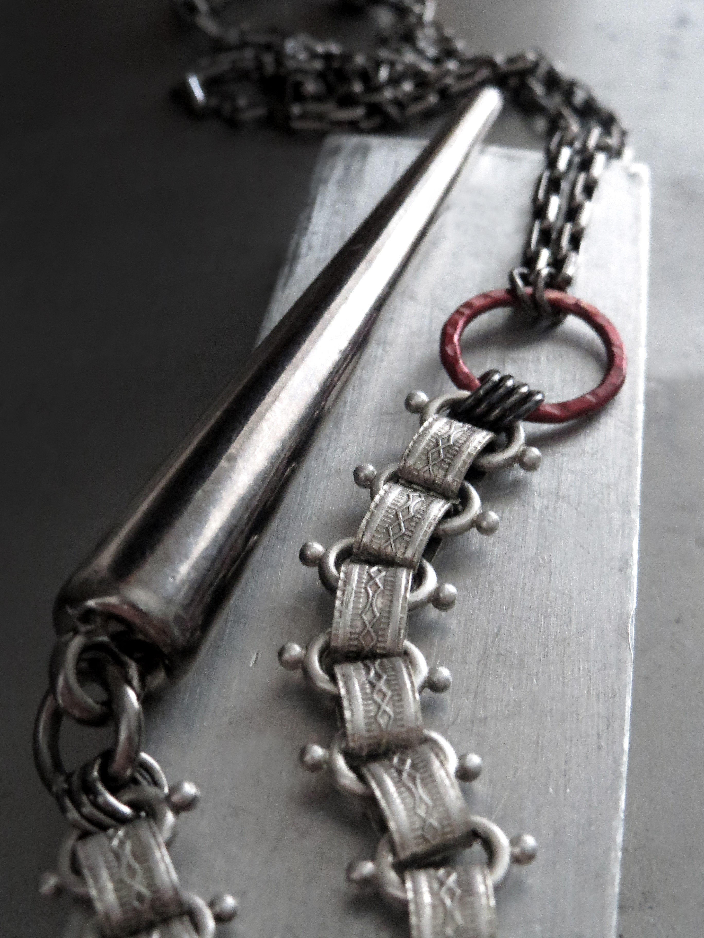 VICTORY - Long Y Necklace with Large Gunmetal Spike with Vintage Style Chain