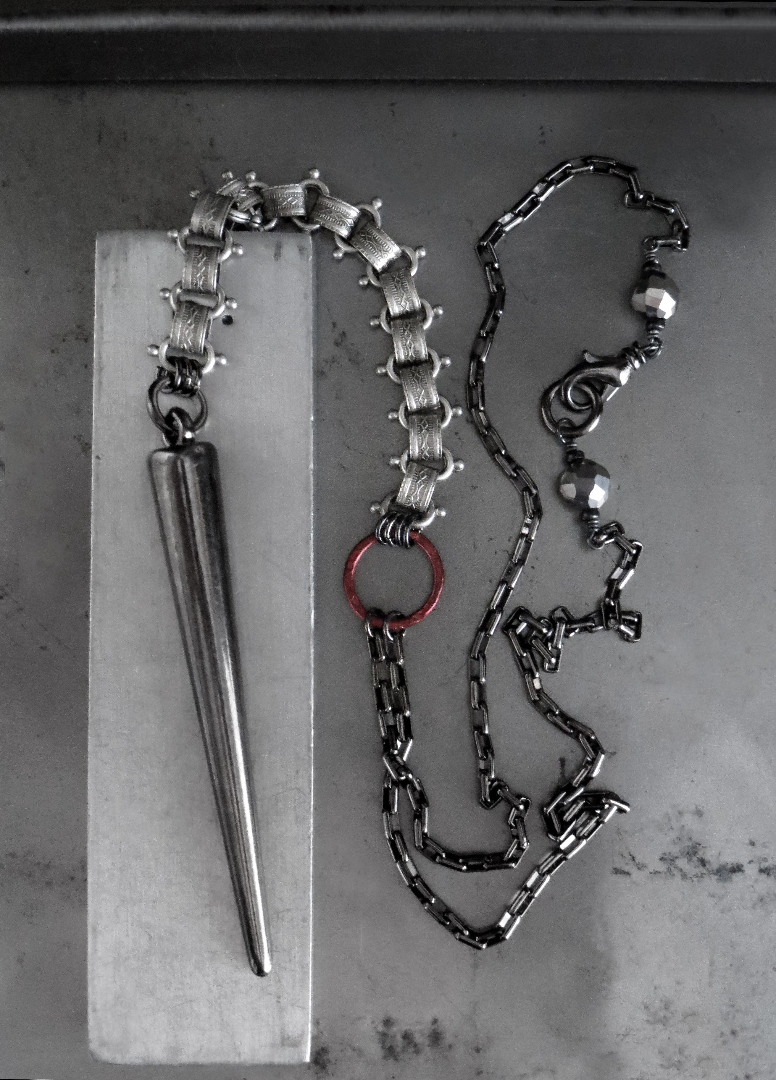 VICTORY - Long Y Necklace with Large Gunmetal Spike with Vintage Style Chain