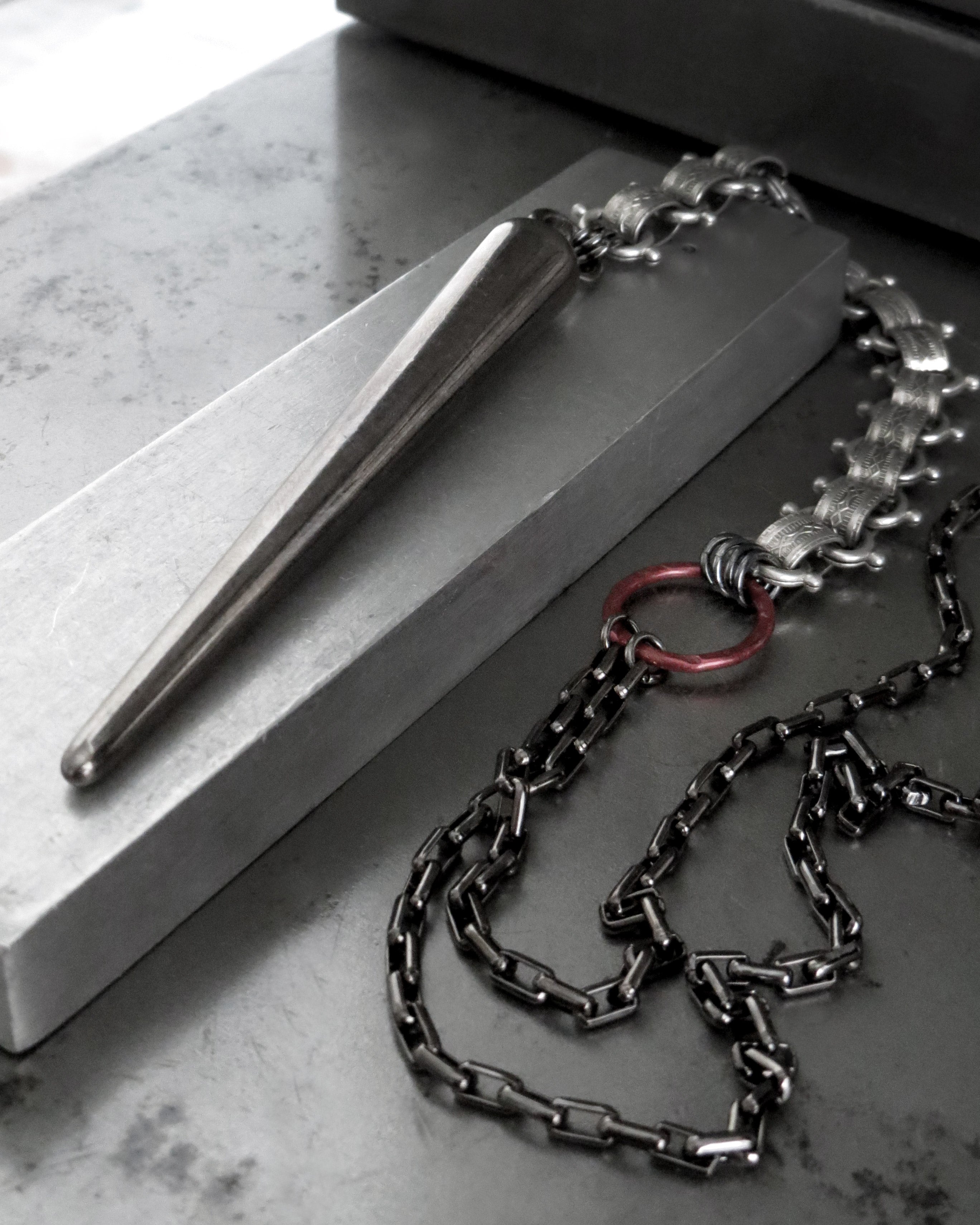 VICTORY - Long Y Necklace with Large Gunmetal Spike with Vintage Style Chain