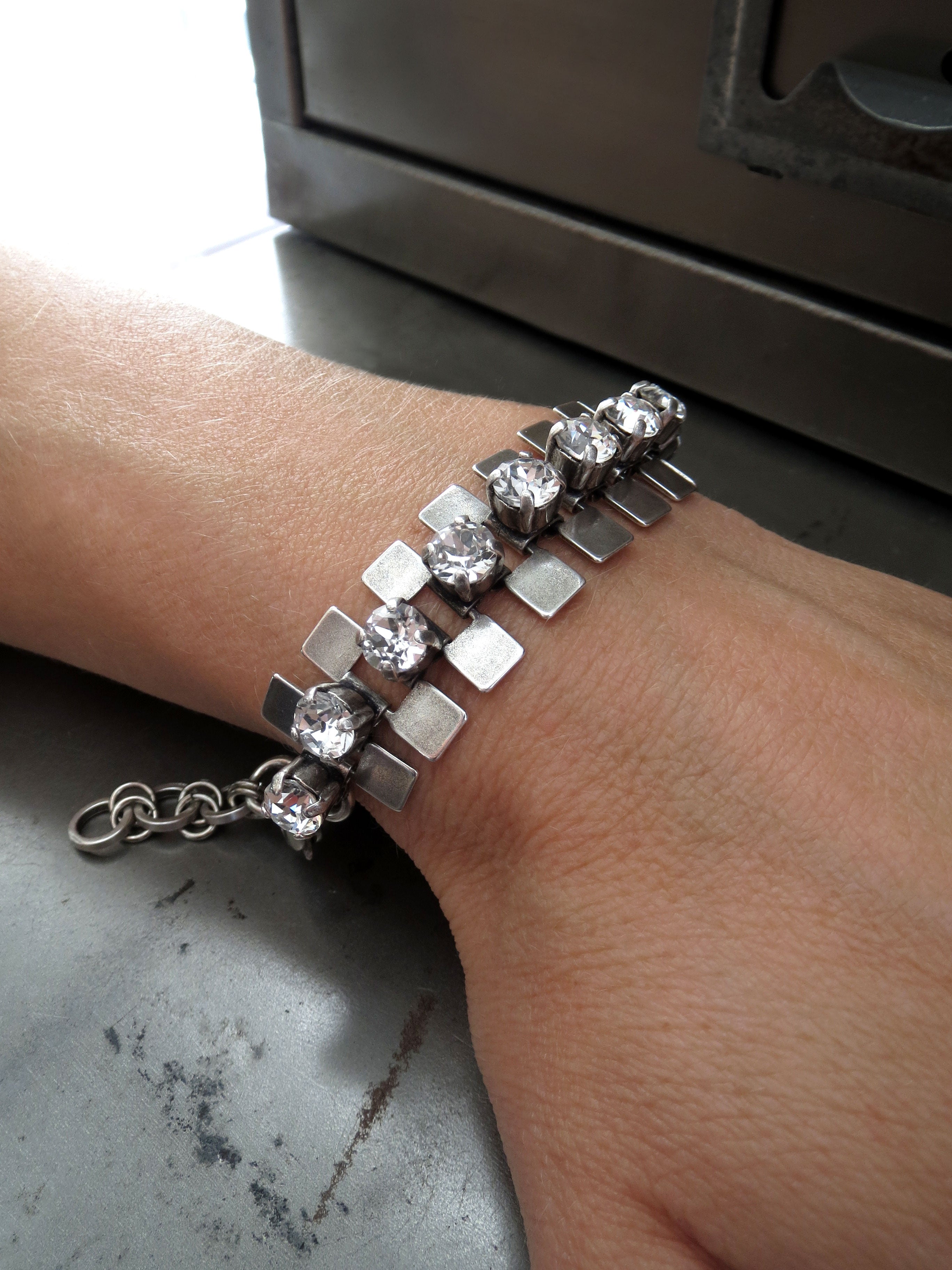 MOVEMENT - Industrial Style Bracelet with Clear Rhinestone Crystals