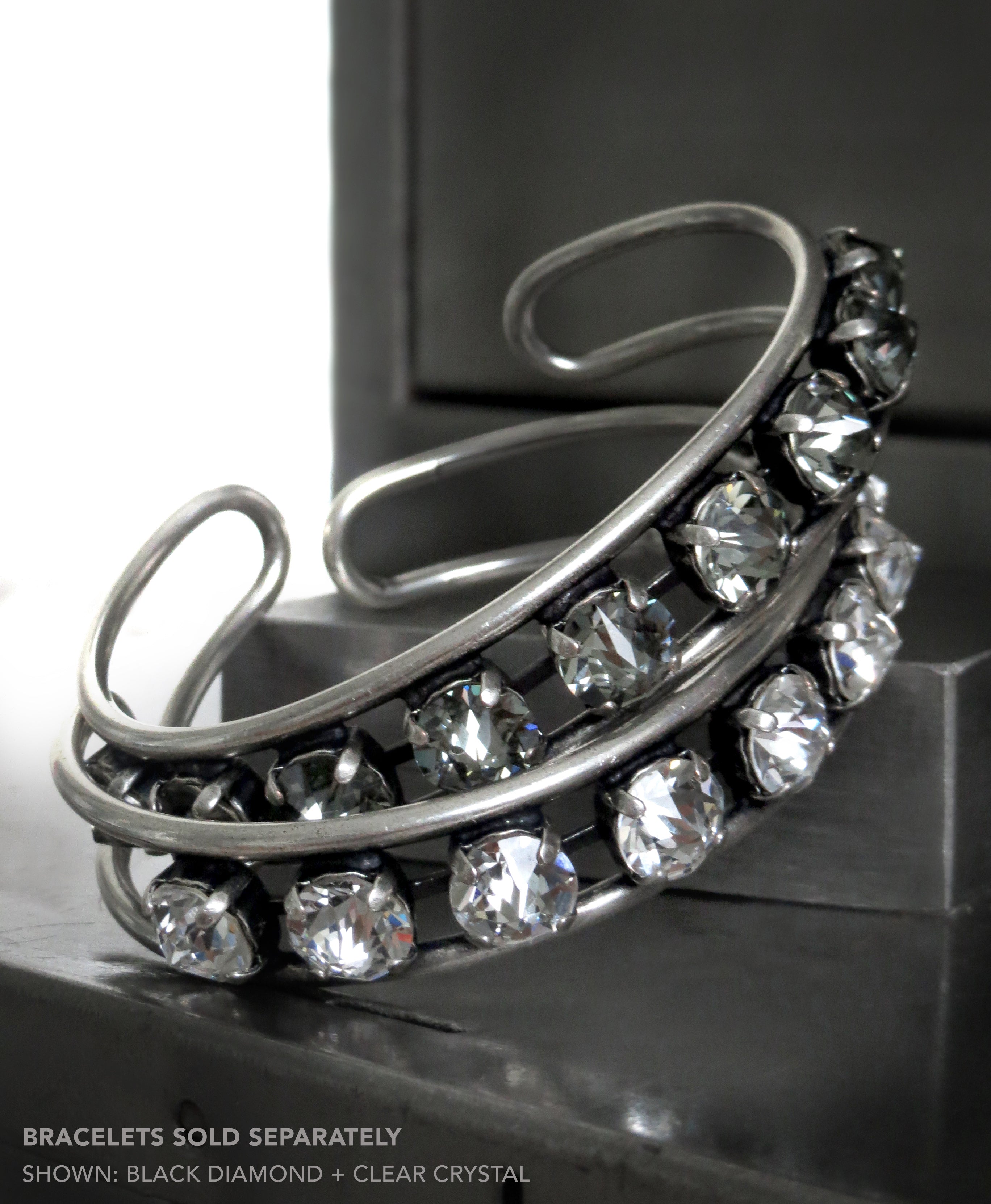 SPLIT PERSONALITY - Rhinestone Bangle Bracelet in Black Diamond or Clear Crystal