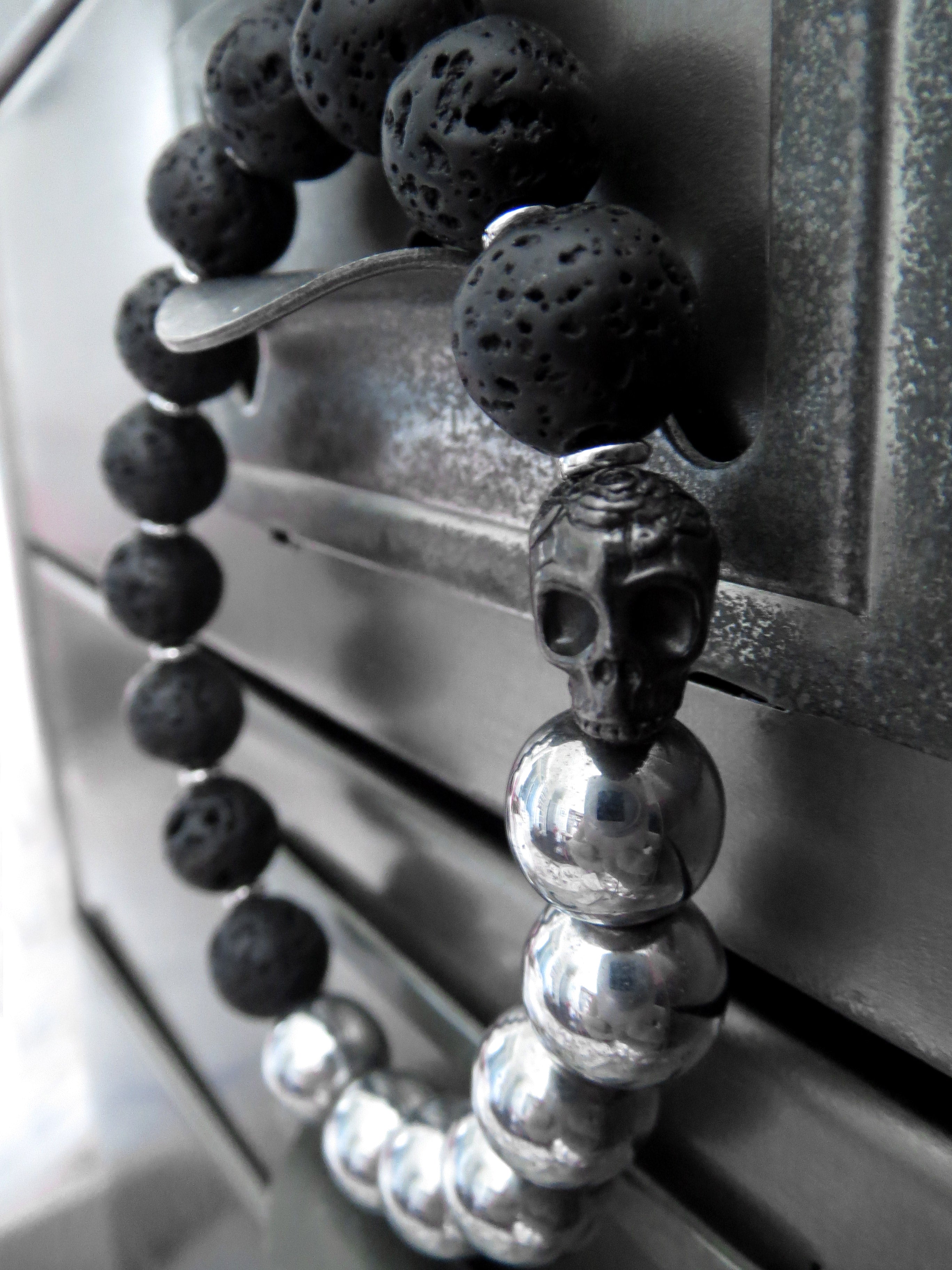 Black Skull Bracelet with Lava and Hematite Color Beads