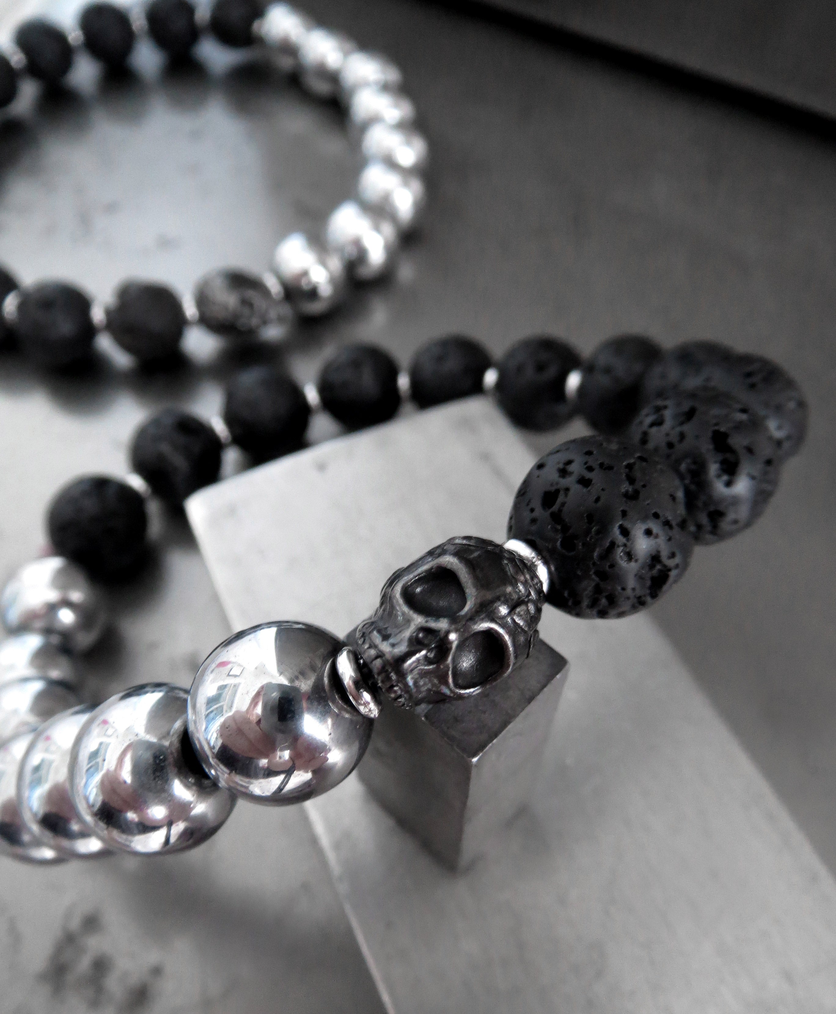 Black Skull Bracelet with Lava and Hematite Color Beads